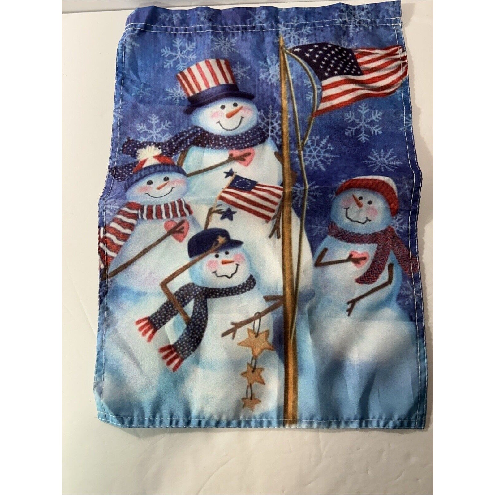 Lot of 2 Snowman Garden Flags Welcome & Patriotic Winter 17x12