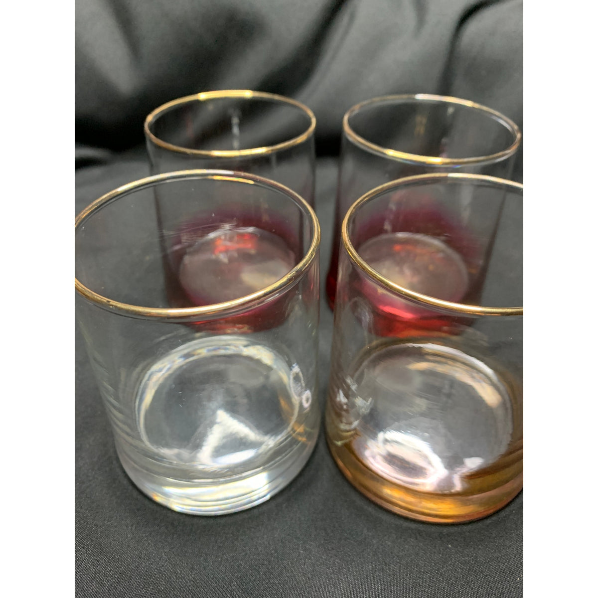 Set of 4 Gold Rim Lowball Rocks Glasses Colored Heavy Bases Barware