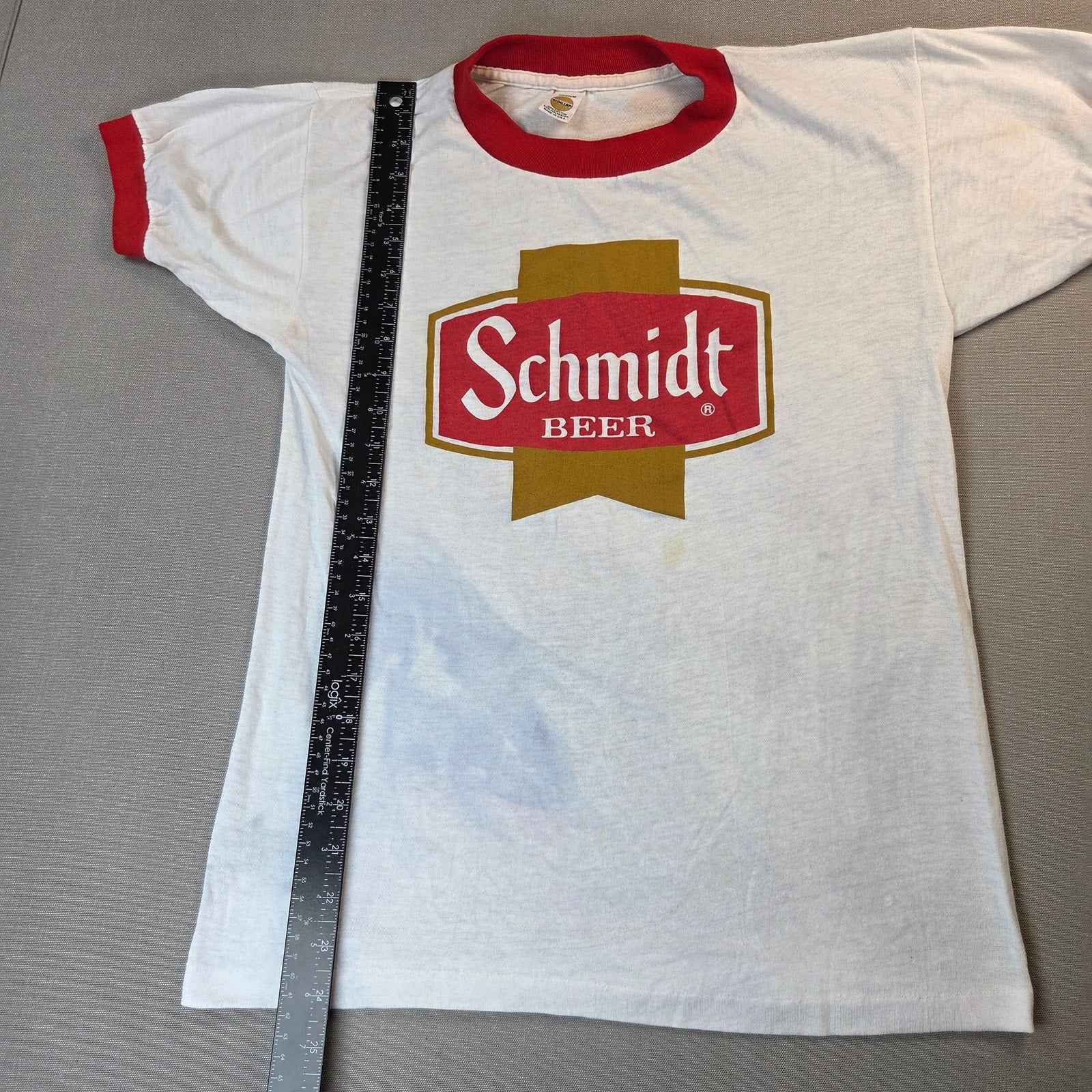 Schmidt Beer Vintage 1980s Ringer T Shirt Medallion USA Medium Stained M