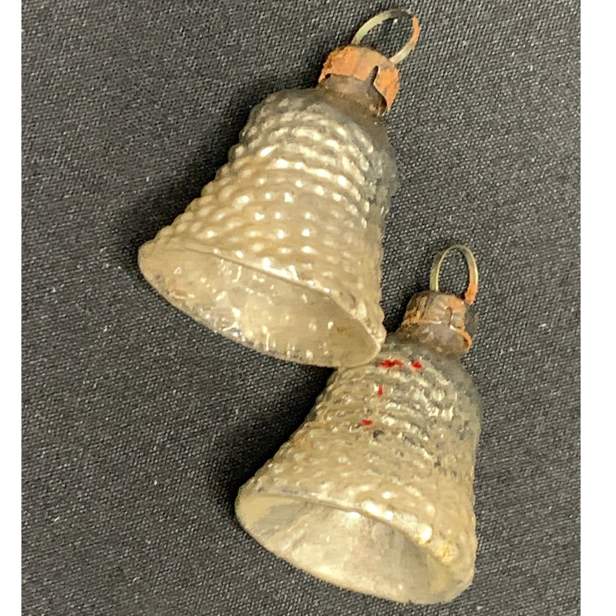 Vintage Pair Bumpy Silver Glass Bell Christmas Ornaments Feather Tree 1.5"