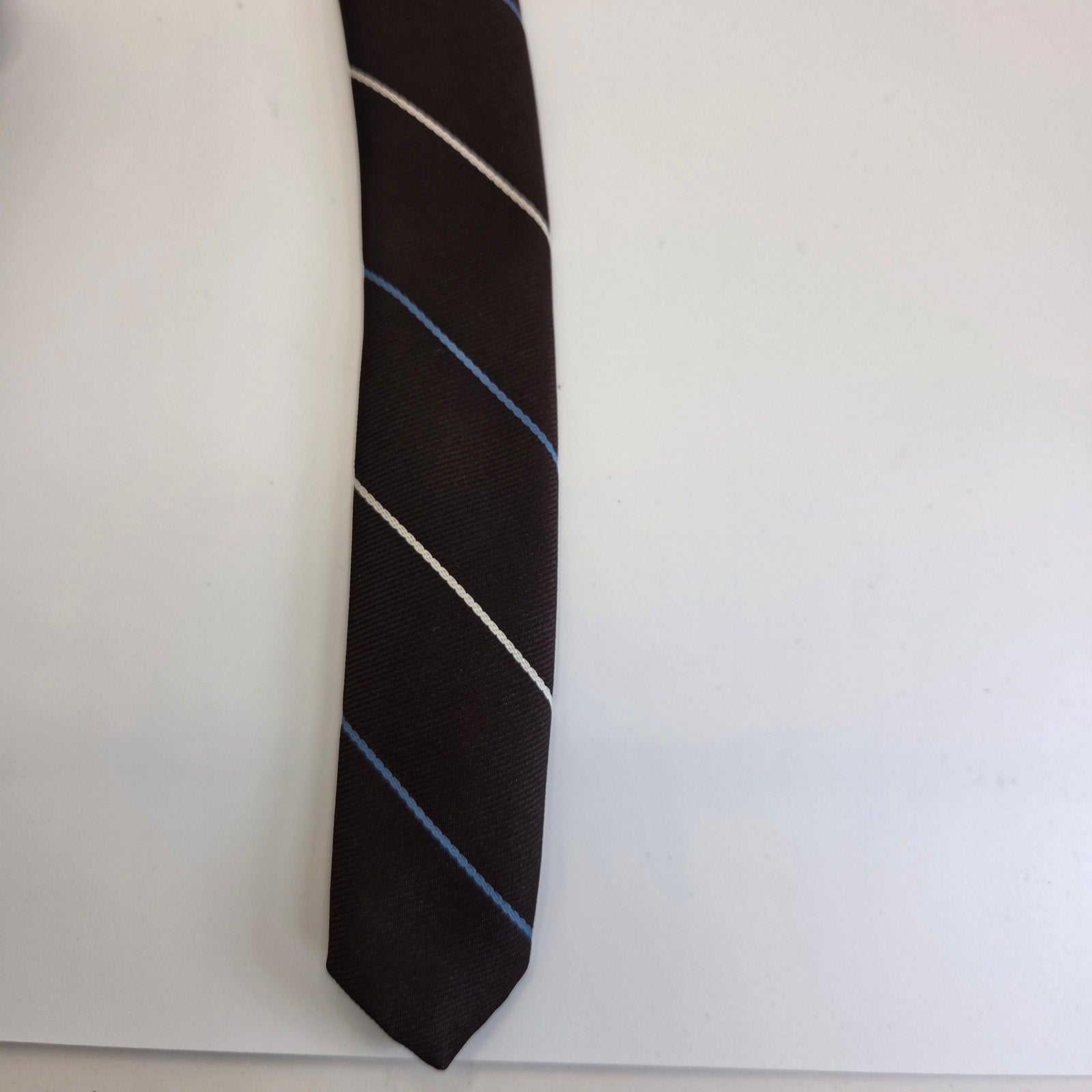 Vintage 1970s Cavalier Brown Blue Stripe Polyester Tie 3” Made USA