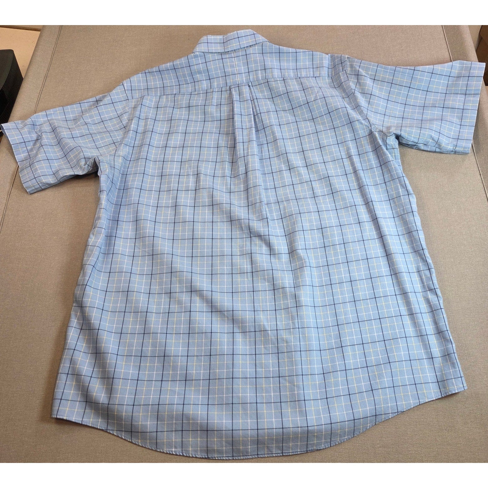 LL Bean Mens L Wrinkle Resistant Short Sleeve Shirt Blue Plaid Cotton Malaysia