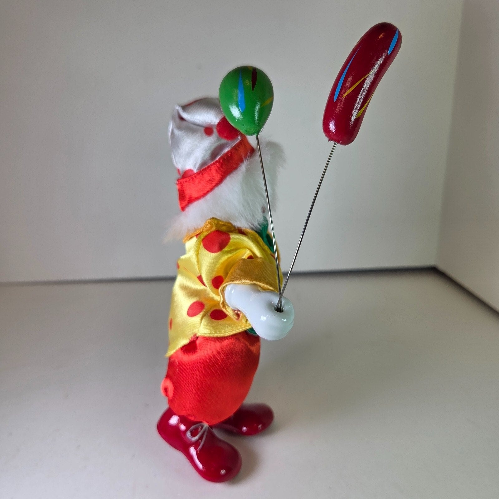 Vintage Porcelain Clown Doll Holding Balloons Fabric Body Red Yellow 7.5"