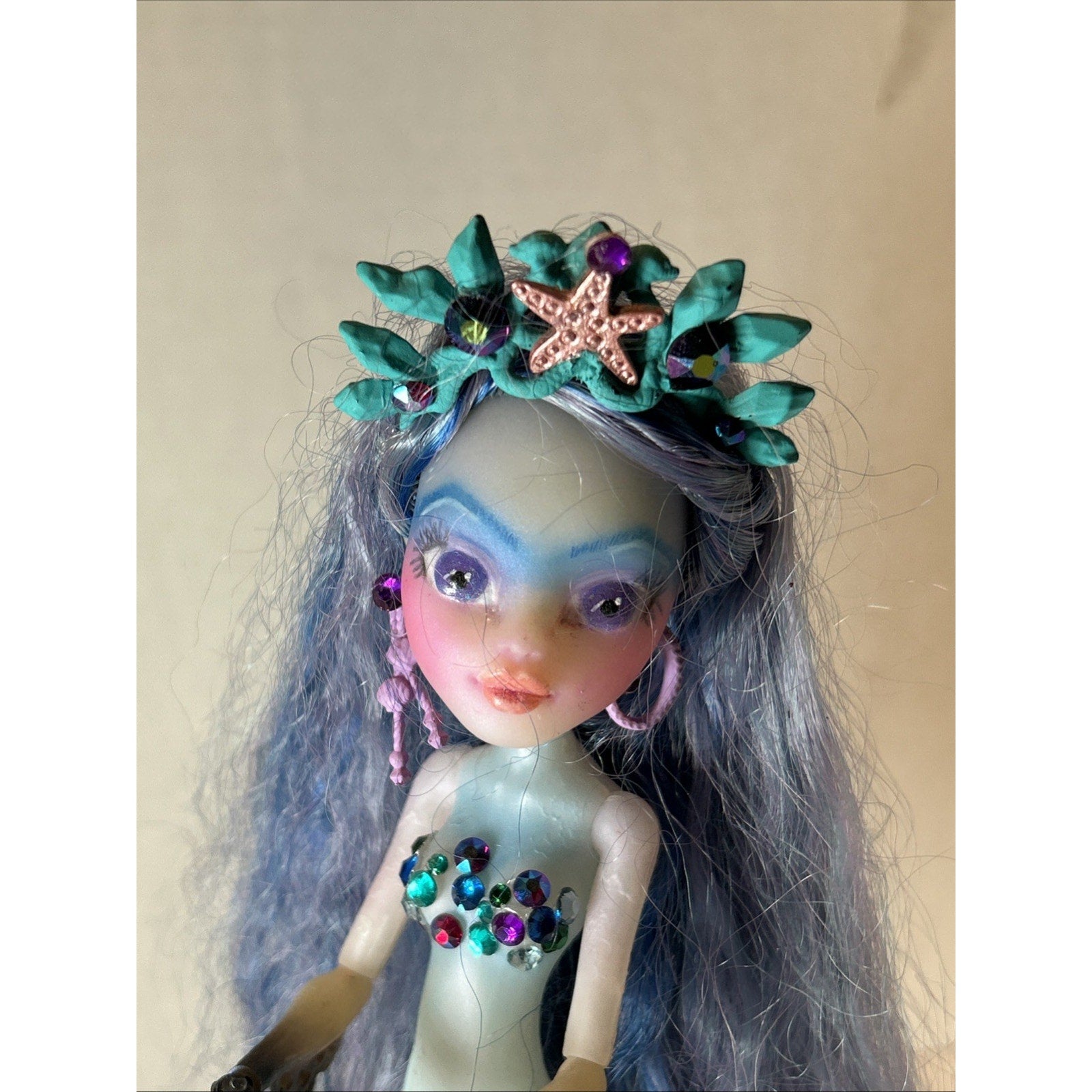 OOAK Repaint Monster High Mermaid Doll BJD Queen of the Seas Long Blue Hair 11”