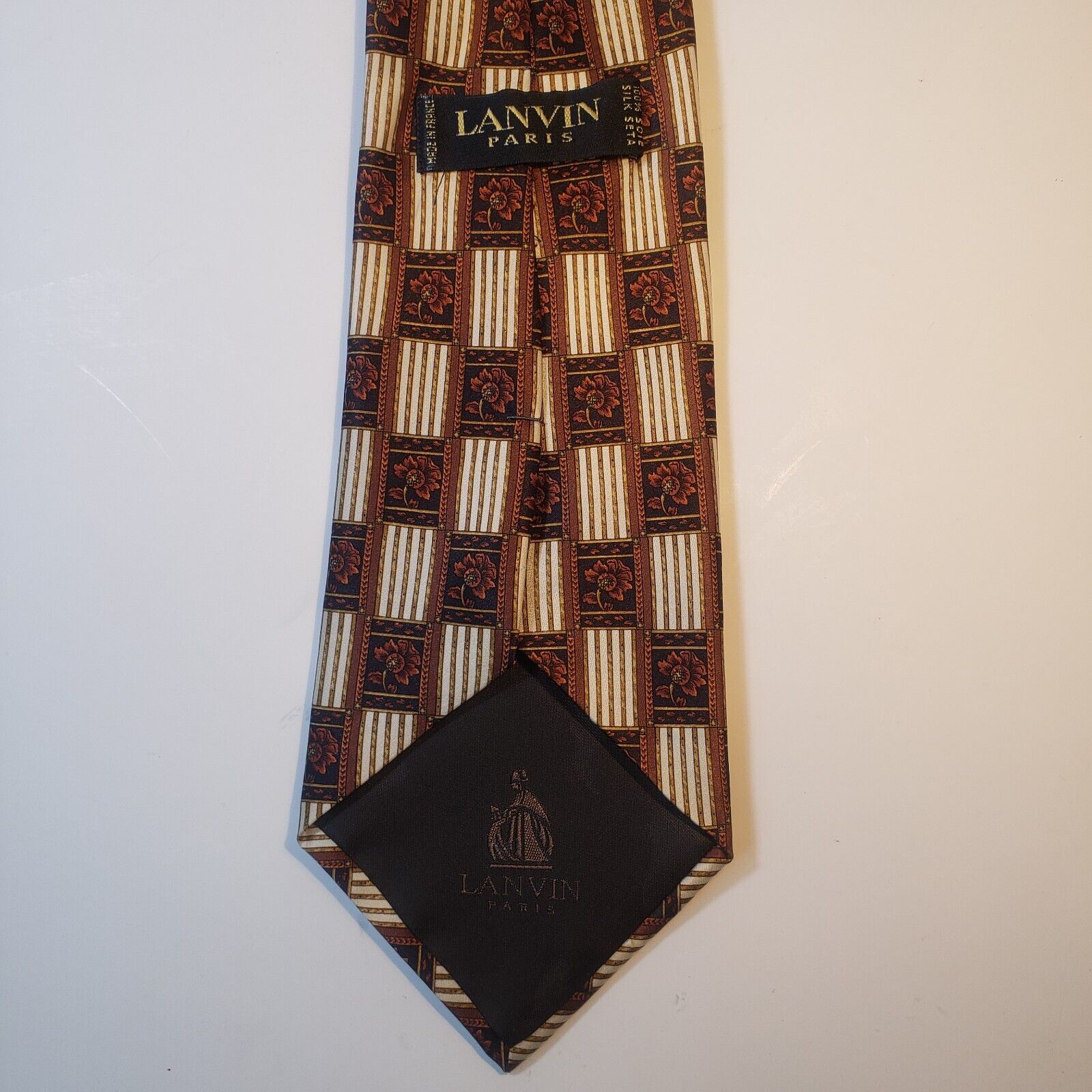Lanvin Paris Brown Floral Pattern Silk Tie