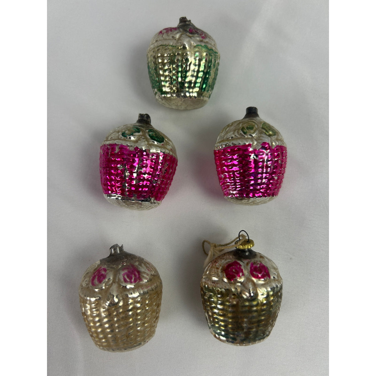 1930s Mercury Glass Flower Basket Christmas Ornaments Hand Painted Lot of 5