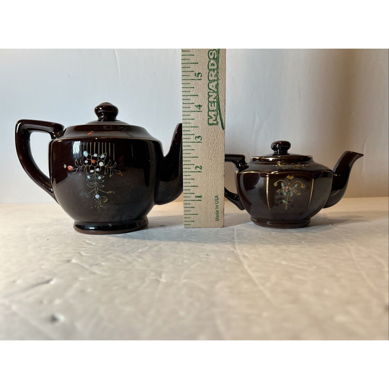 Vintage Japan Brown Ceramic Teapots with Lids – Hand Painted Floral Gold Accents