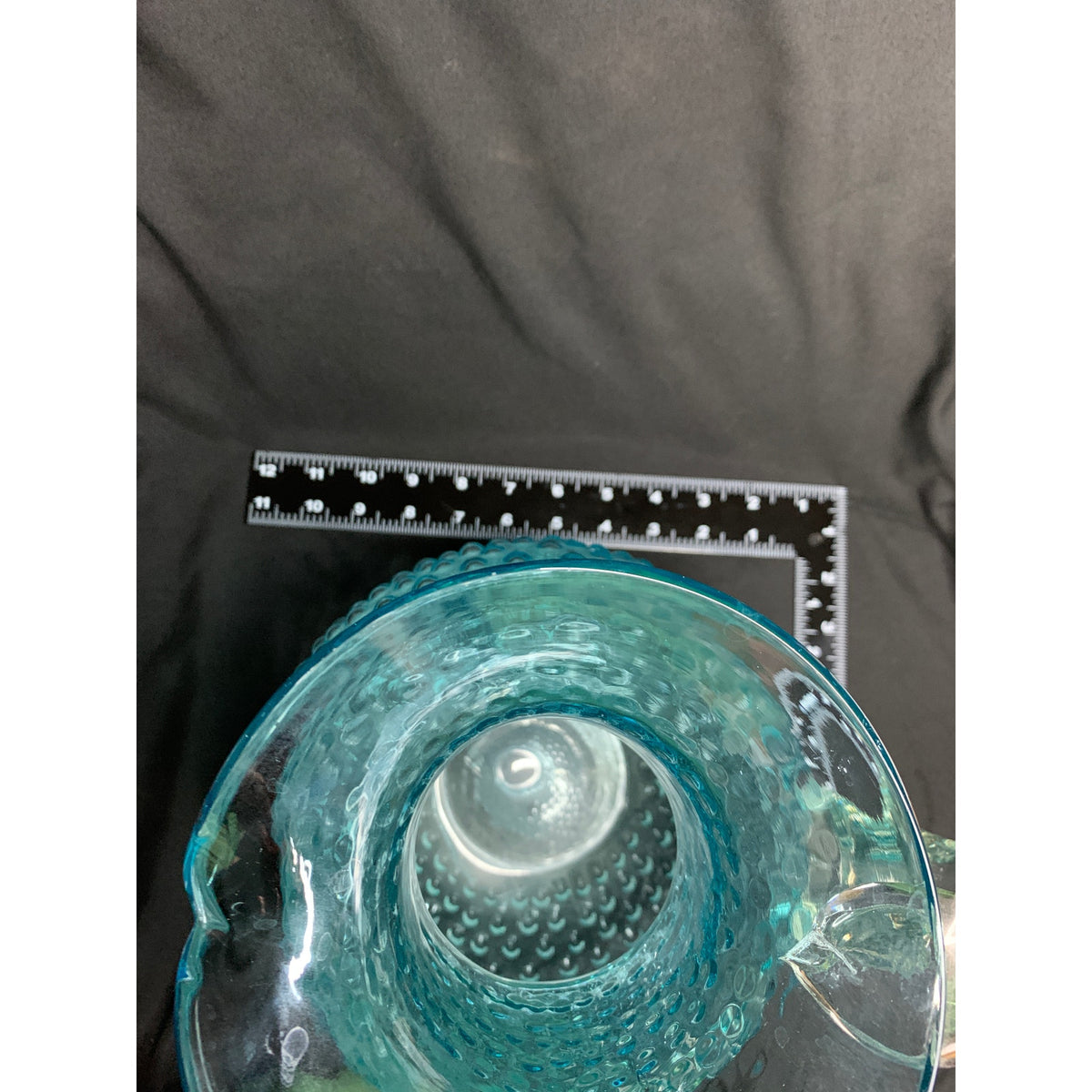 Large Aqua Blue Hobnail Glass Pitcher Clear Applied Handle Heavy Art Glass