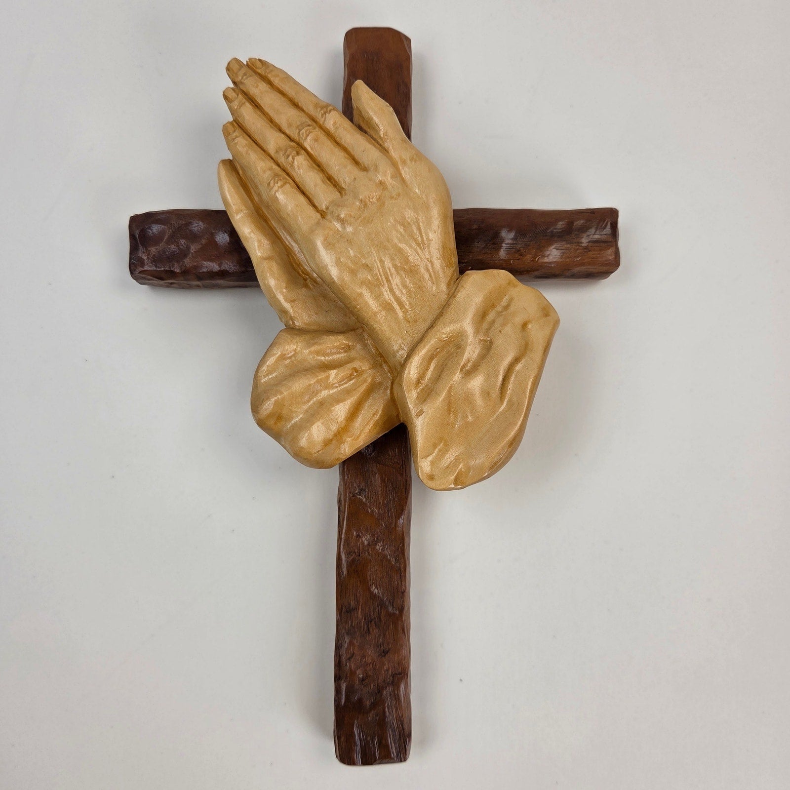 Signed Jim Ward Hand Carved Wooden Praying Hands Cross Wall Hanging Folk Art