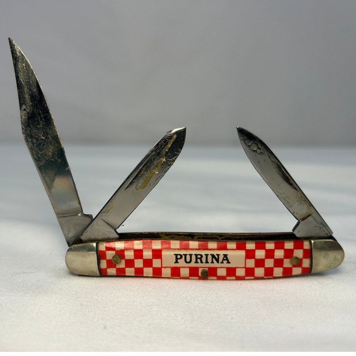 Vintage Purina Advertising Pocket Knife USA Multi Blade Red Checker Handle