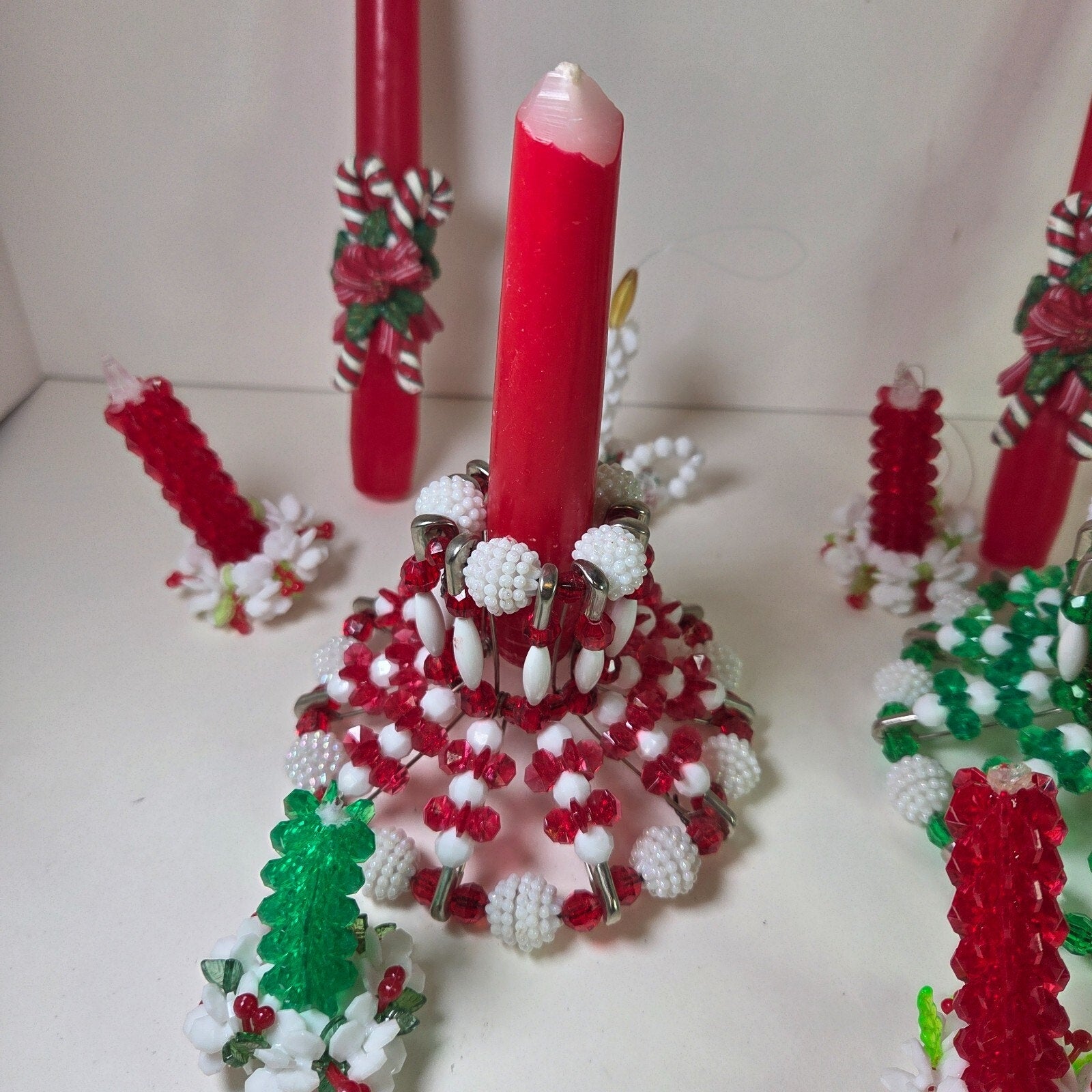 Vintage Beaded Christmas Candle Holders & Ornaments Lot of 13 + Candles