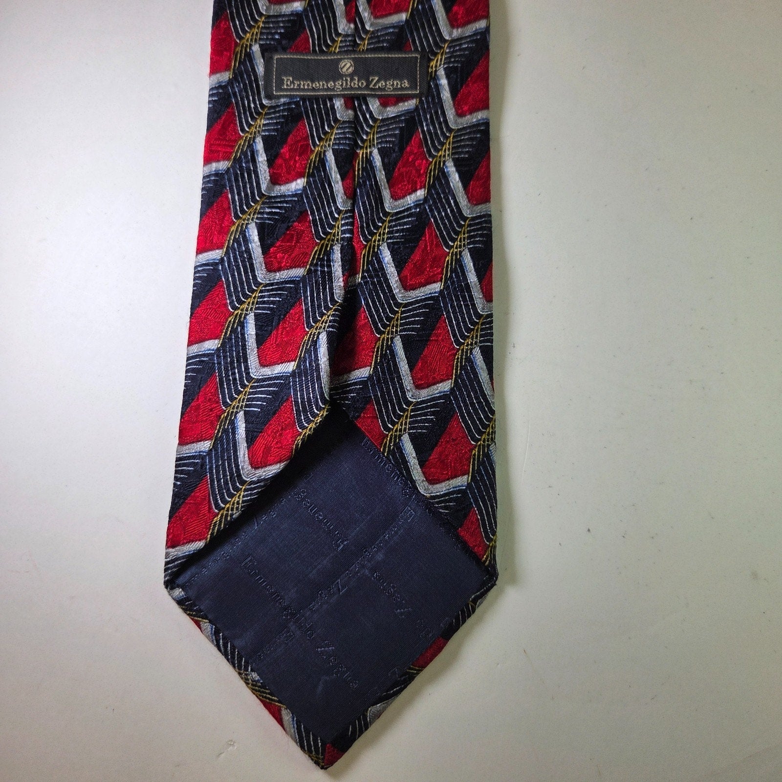 Ermenegildo Zegna Silk Tie Geometric Red Navy Gold Made in Italy 58"