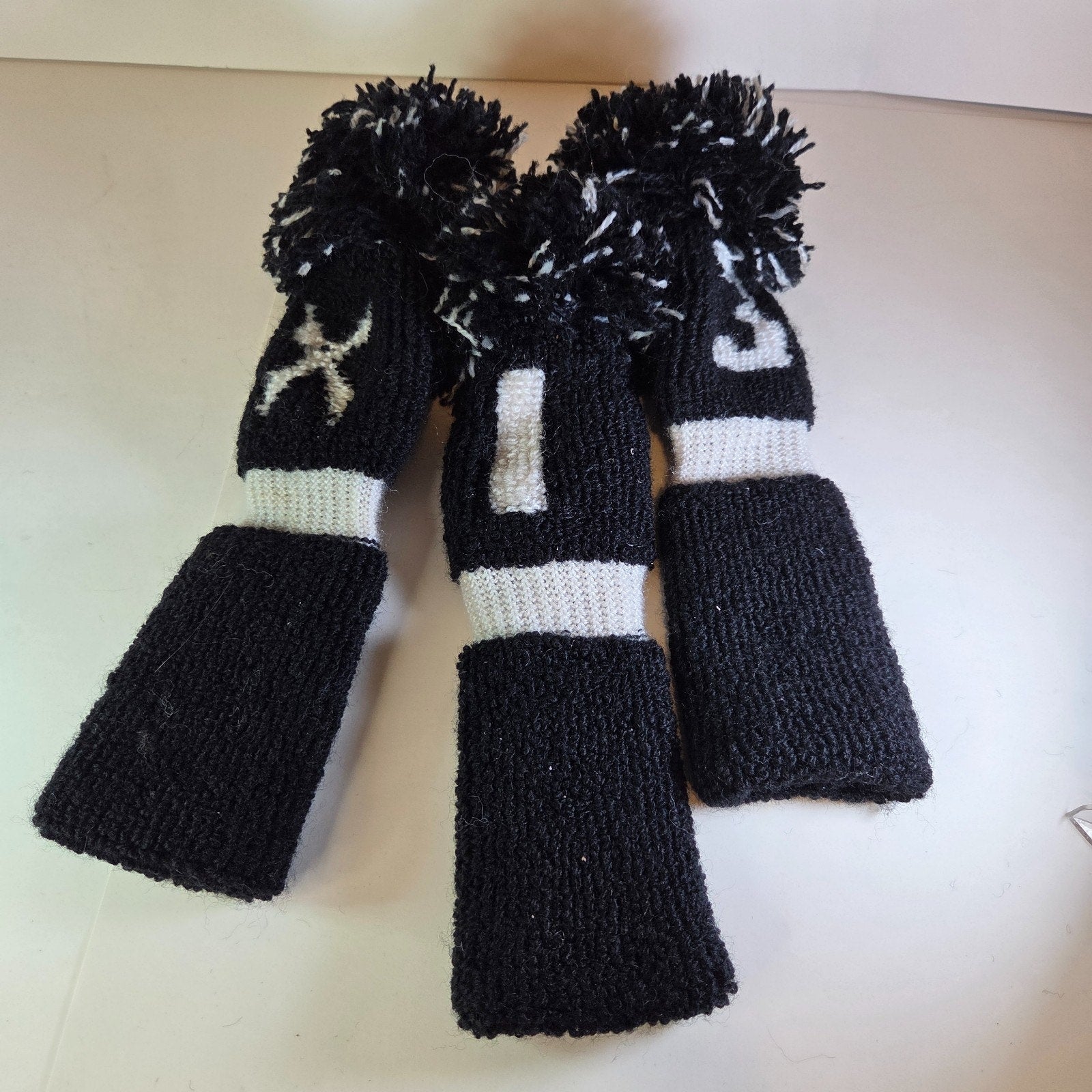 Vintage Knit Golf Club Headcovers Set 1 3 X Black White Pom Pom Wool