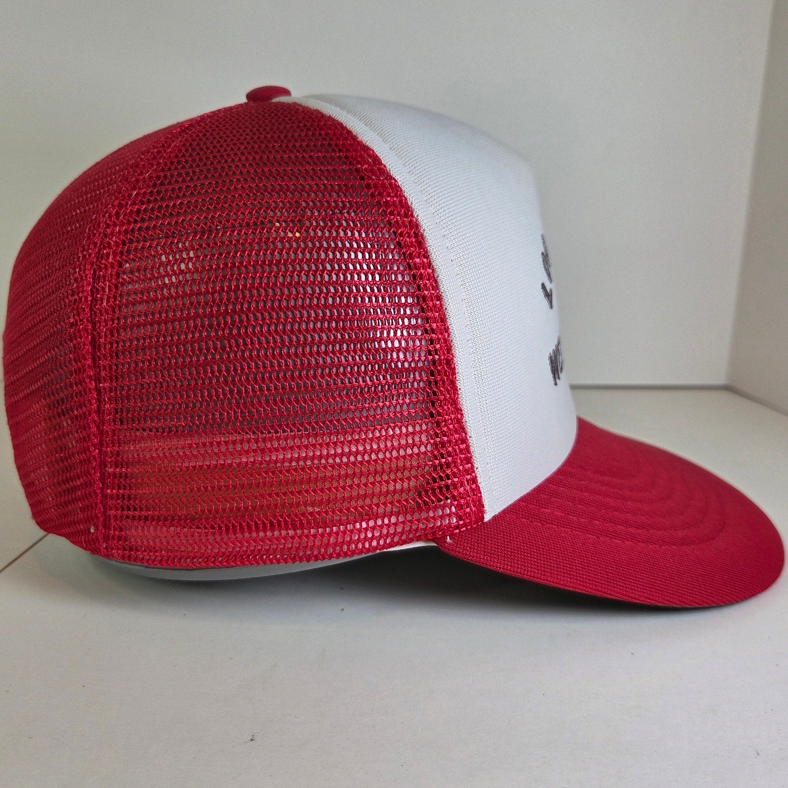 Vintage 80s Trucker Hat Log Gables Webster Wisconsin Snapback Mesh Red White