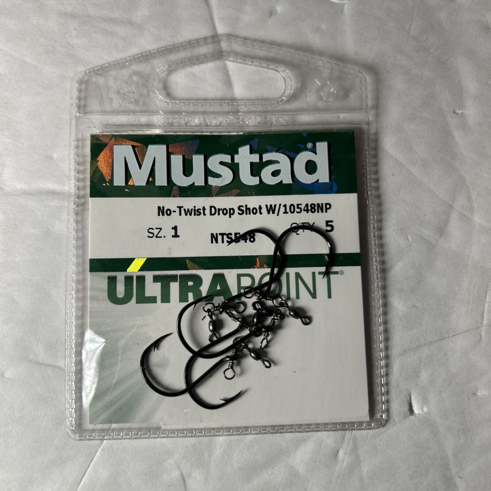 5 Mustad No Twist Drop Shot Hooks W/10548NP Size 1