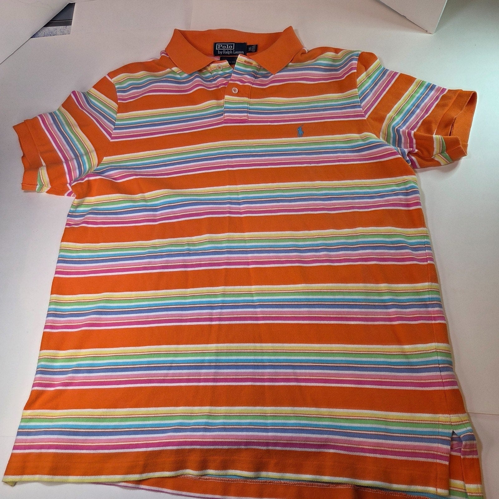 Polo Ralph Lauren XL Custom Fit Stripe Polo Shirt Orange Multicolor Short Sleeve