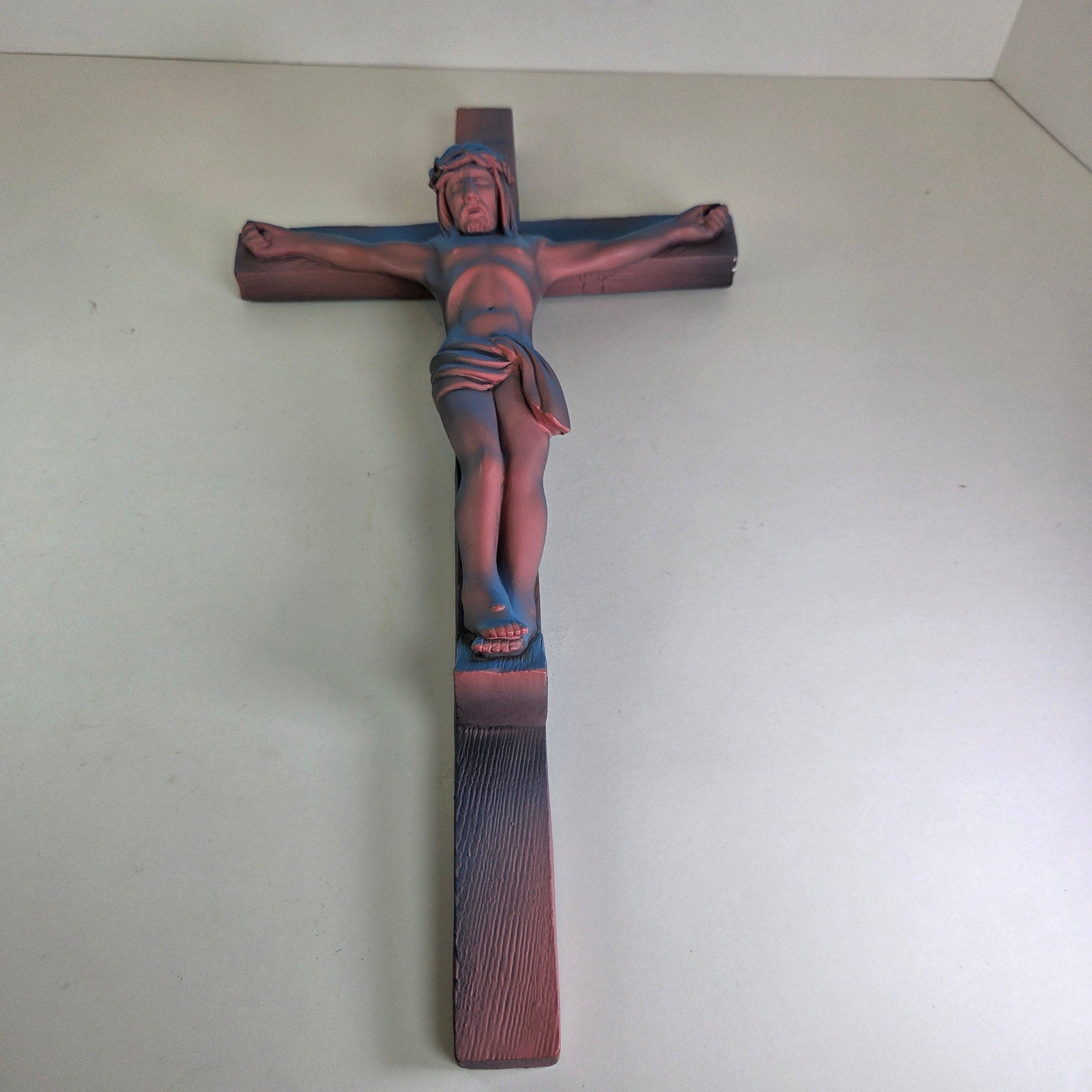 Vintage 15" Resin Crucifix Wall Cross – Pink & Blue Gradient Jesus Figure, INRI