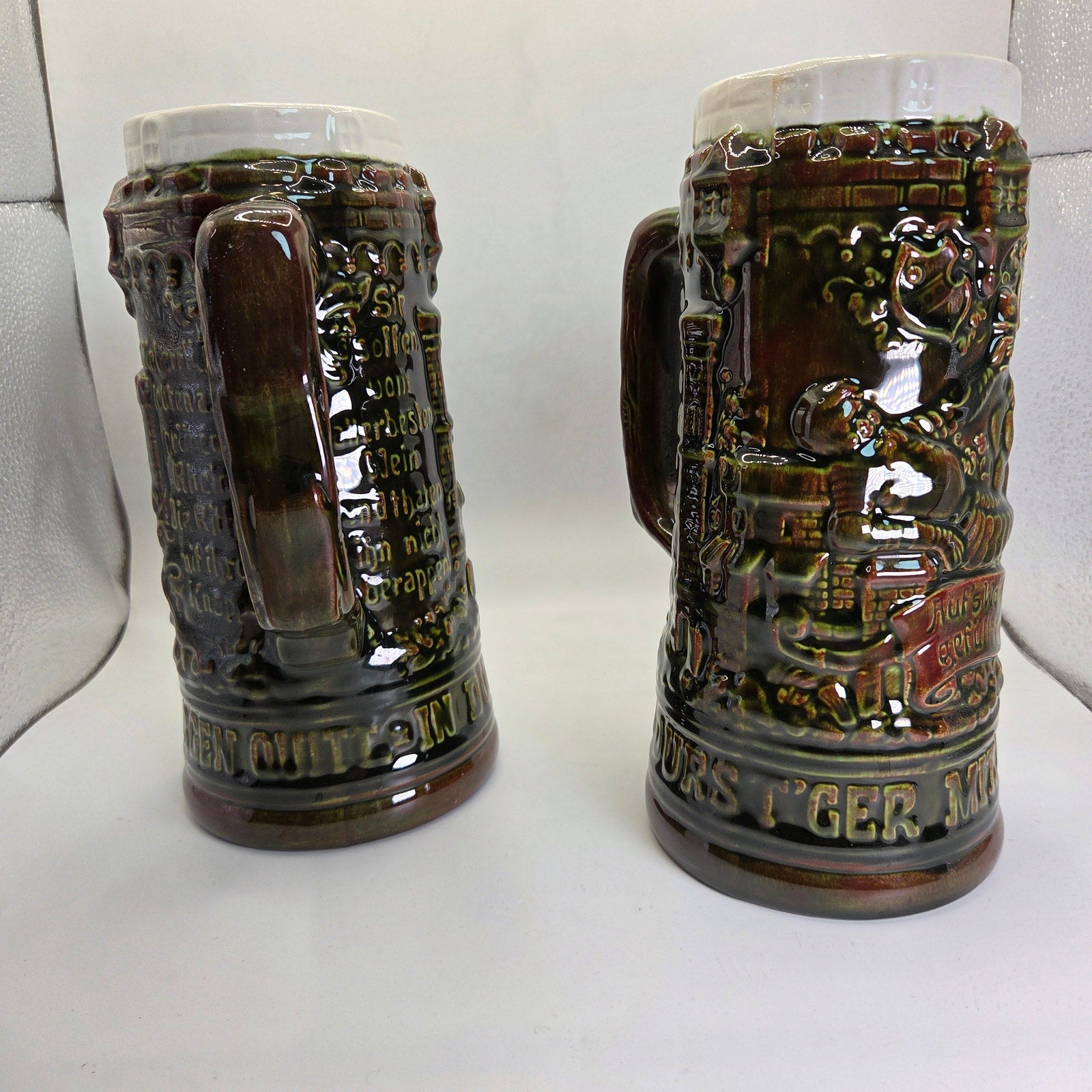 Vintage German Style Beer Steins Pair Signed “Sam :)” 8.5” Brown Glaze