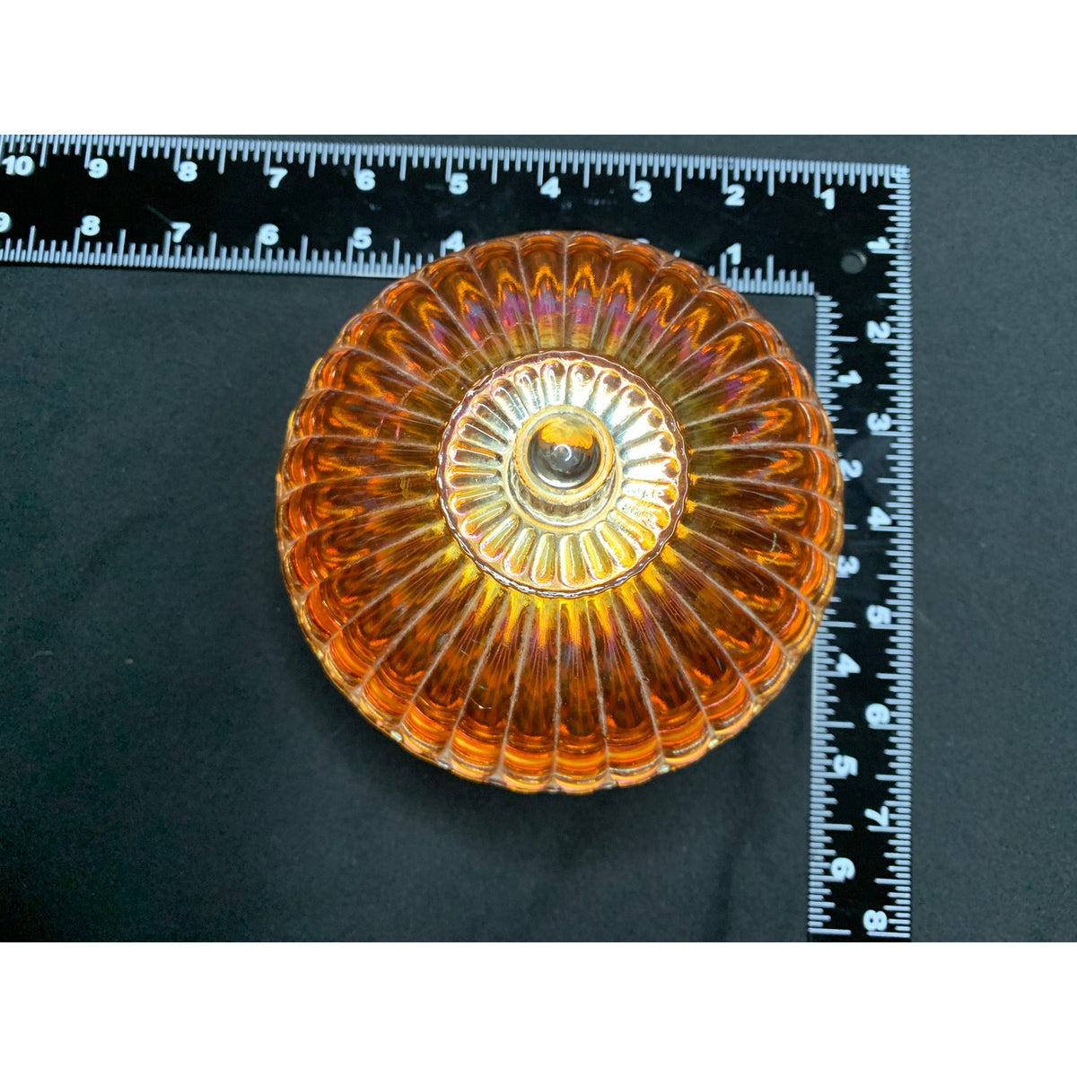 Vintage Marigold Carnival Glass Ribbed Covered Candy Dish Iridescent Amber