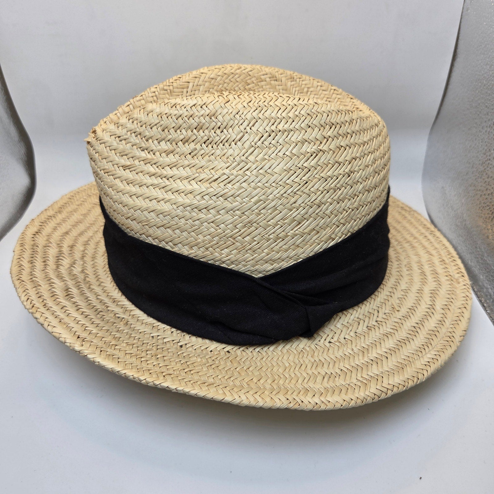 Straw Boater Hat Unbranded Black Band Flat Crown Summer Skimmer Hat