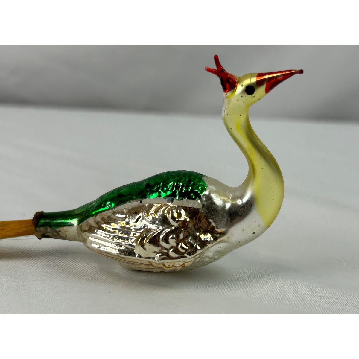 Vintage German Mercury Glass Peacock Bird Ornament Painted Wood Tail 5.5"