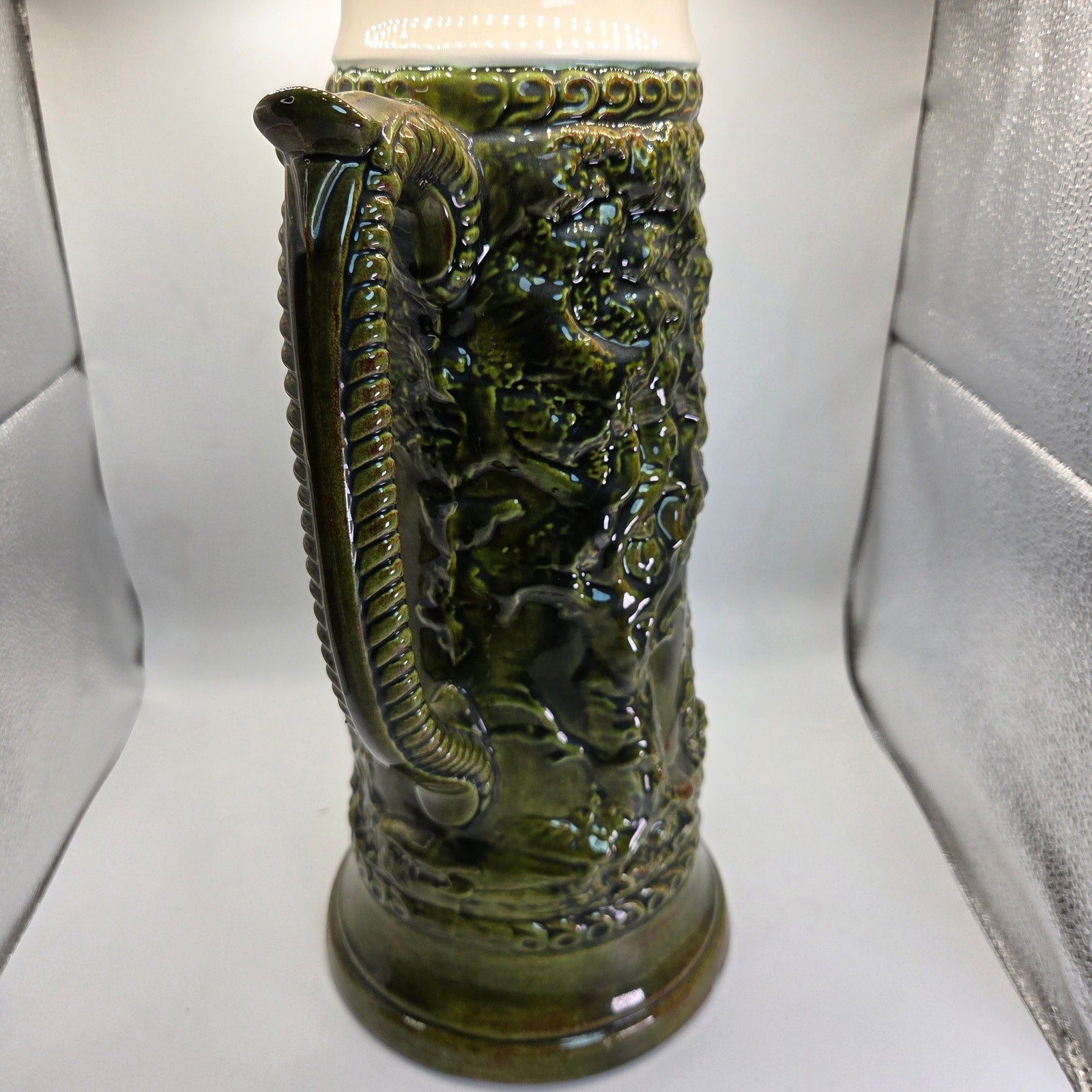 Large 17″ German Style Beer Stein Signed Sam Ceramic Relief with Lid