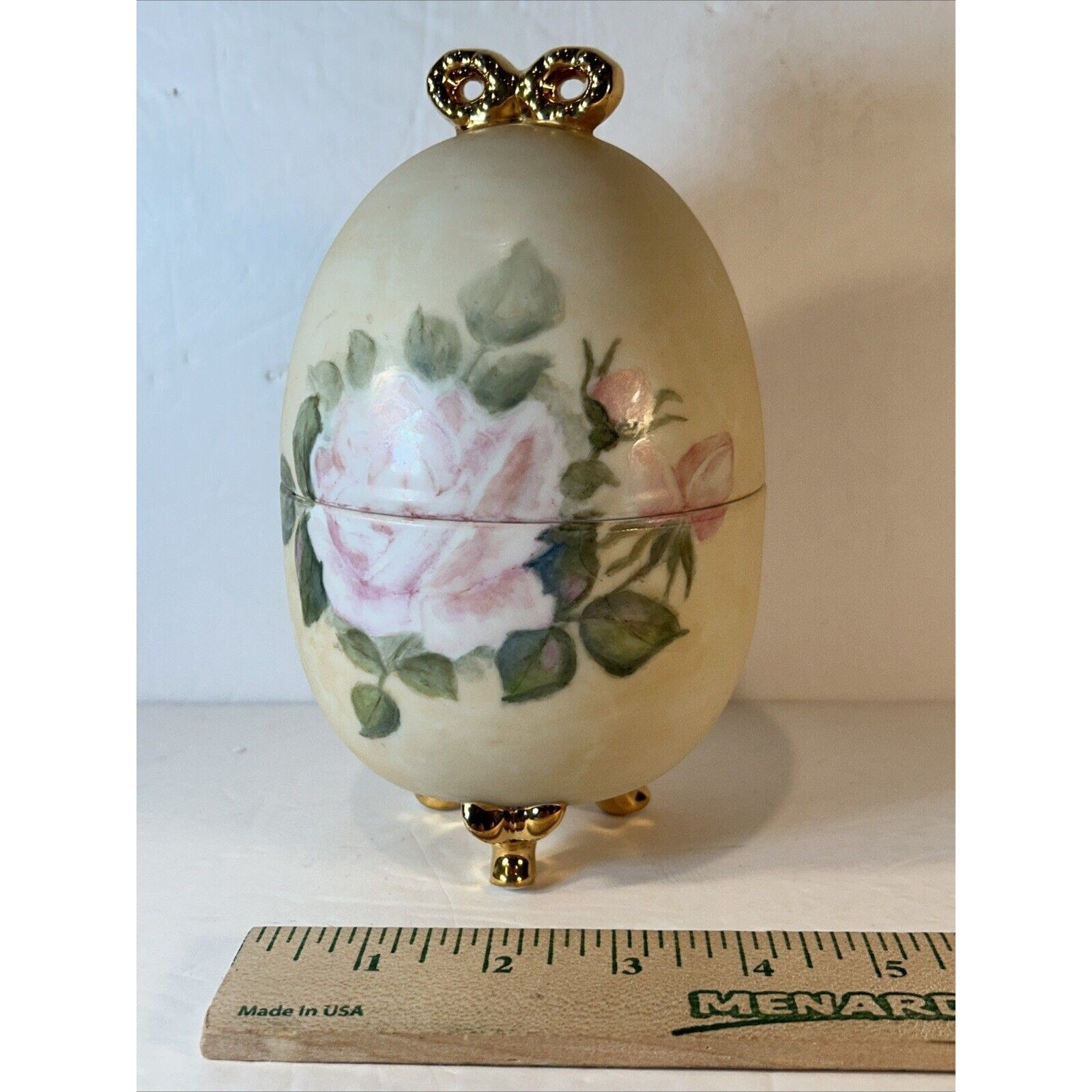 Vintage Porcelain Hand Painted Footed Egg Trinket Box Hinged Floral