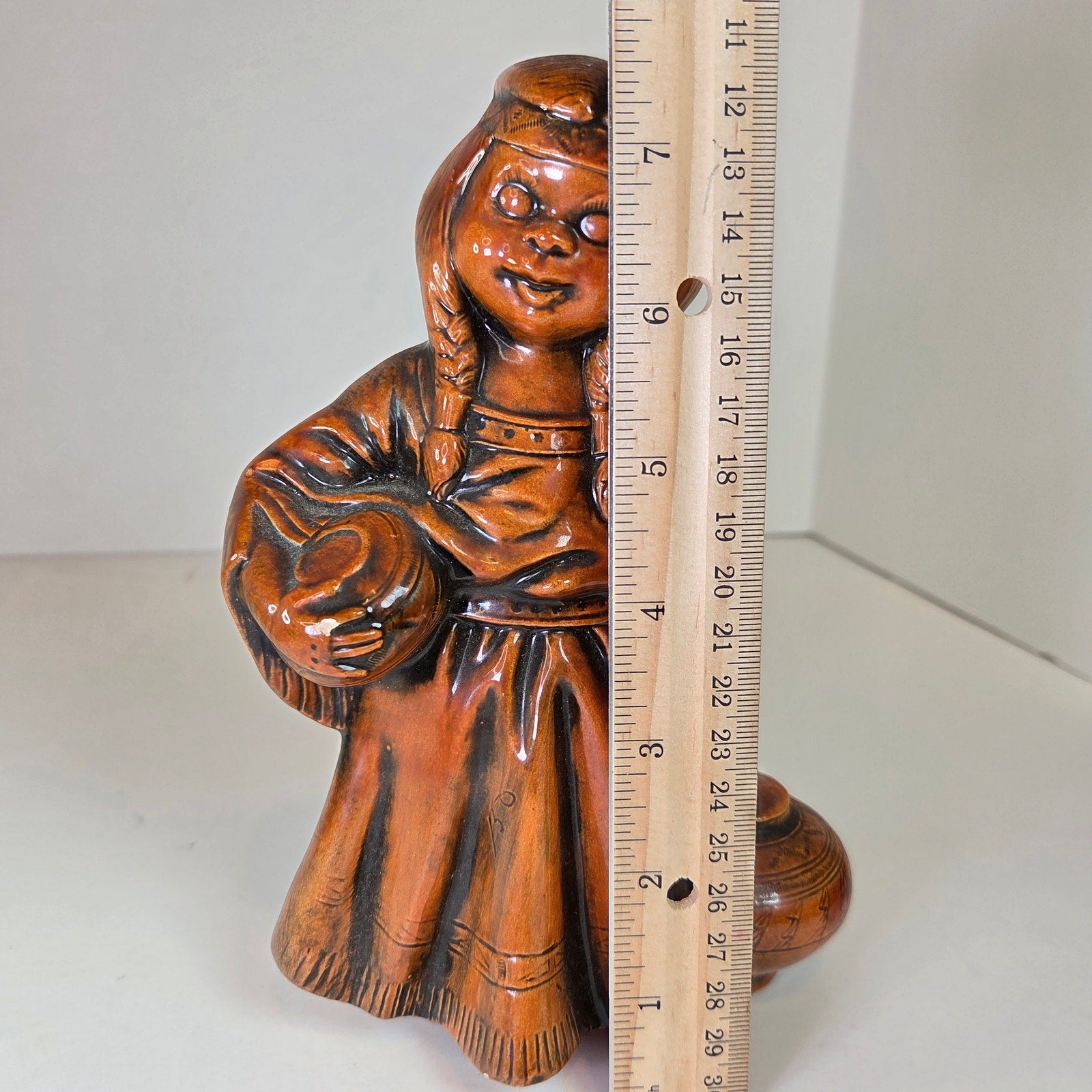 Vintage Ceramic Figurine Native American Girl Holding Pottery Brown Glaze 7.75"