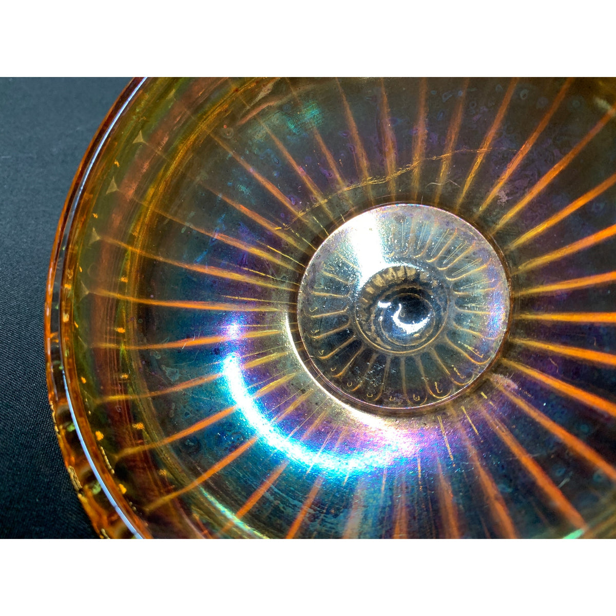 Vintage Marigold Carnival Glass Ribbed Covered Candy Dish Iridescent Amber