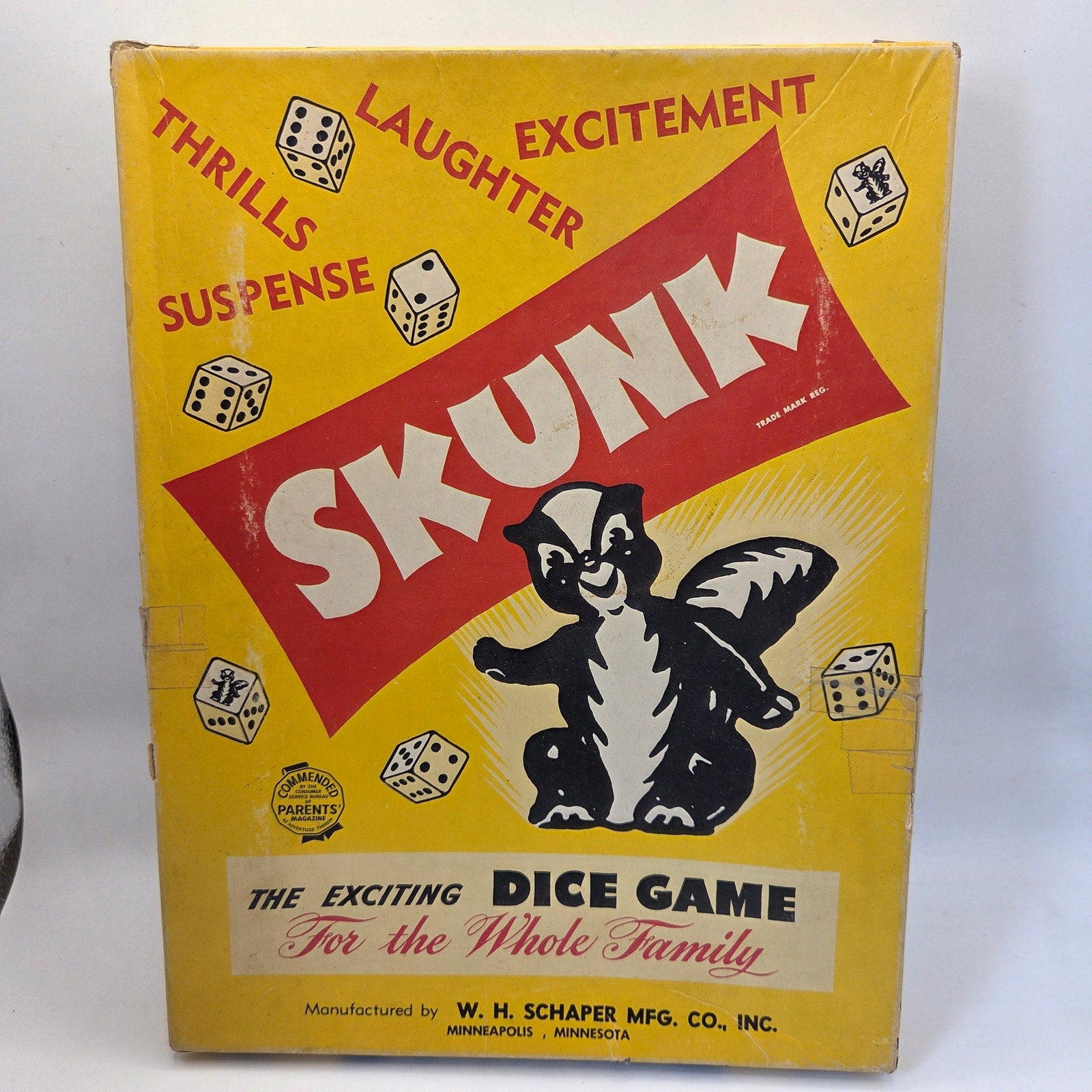 W.H. Schaper Skunk Dice Game 1953 Vintage Complete Set w Chips Dice Box