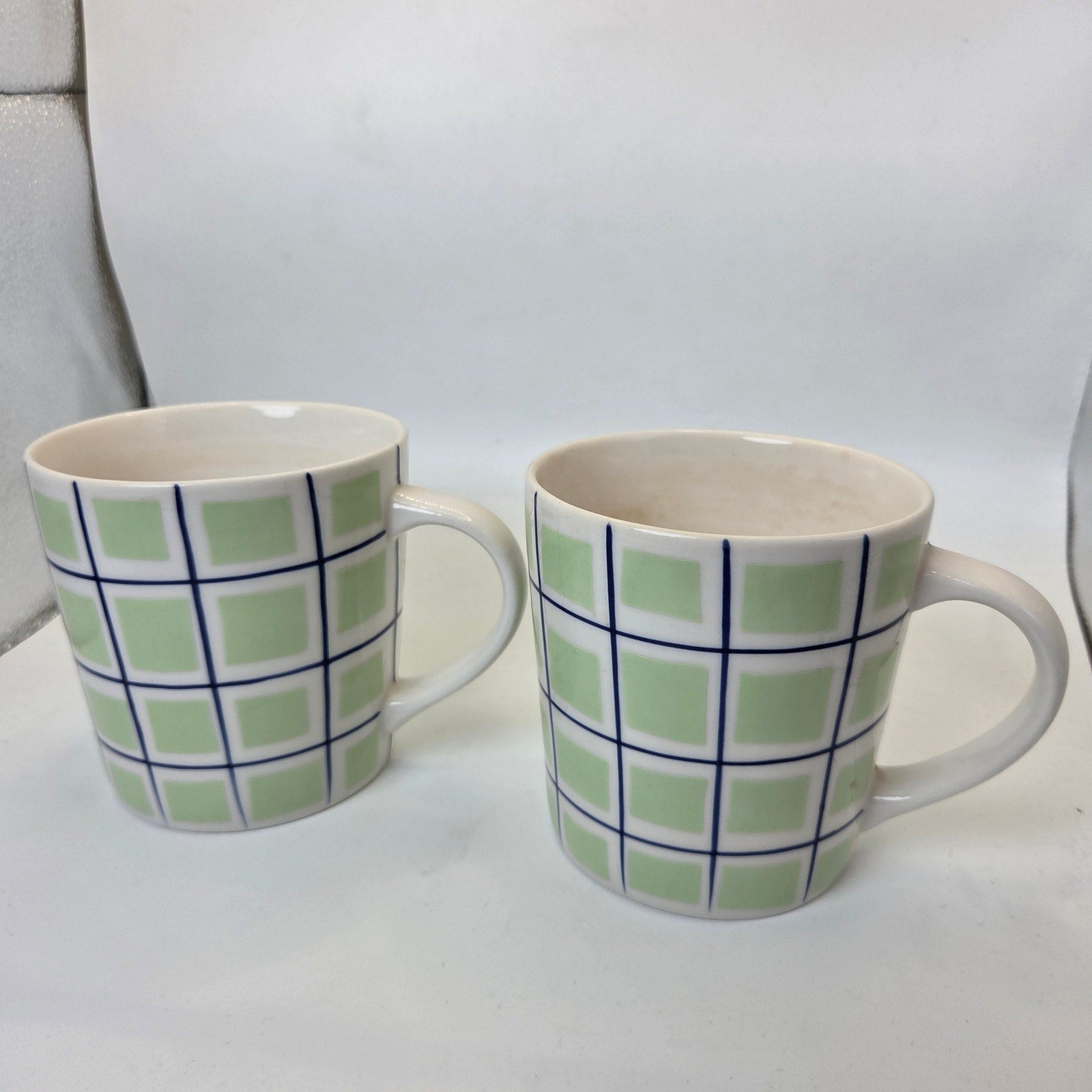 Starbucks Barista 2003 Green Blue Plaid Check Coffee Mugs Set Of 2 Cups