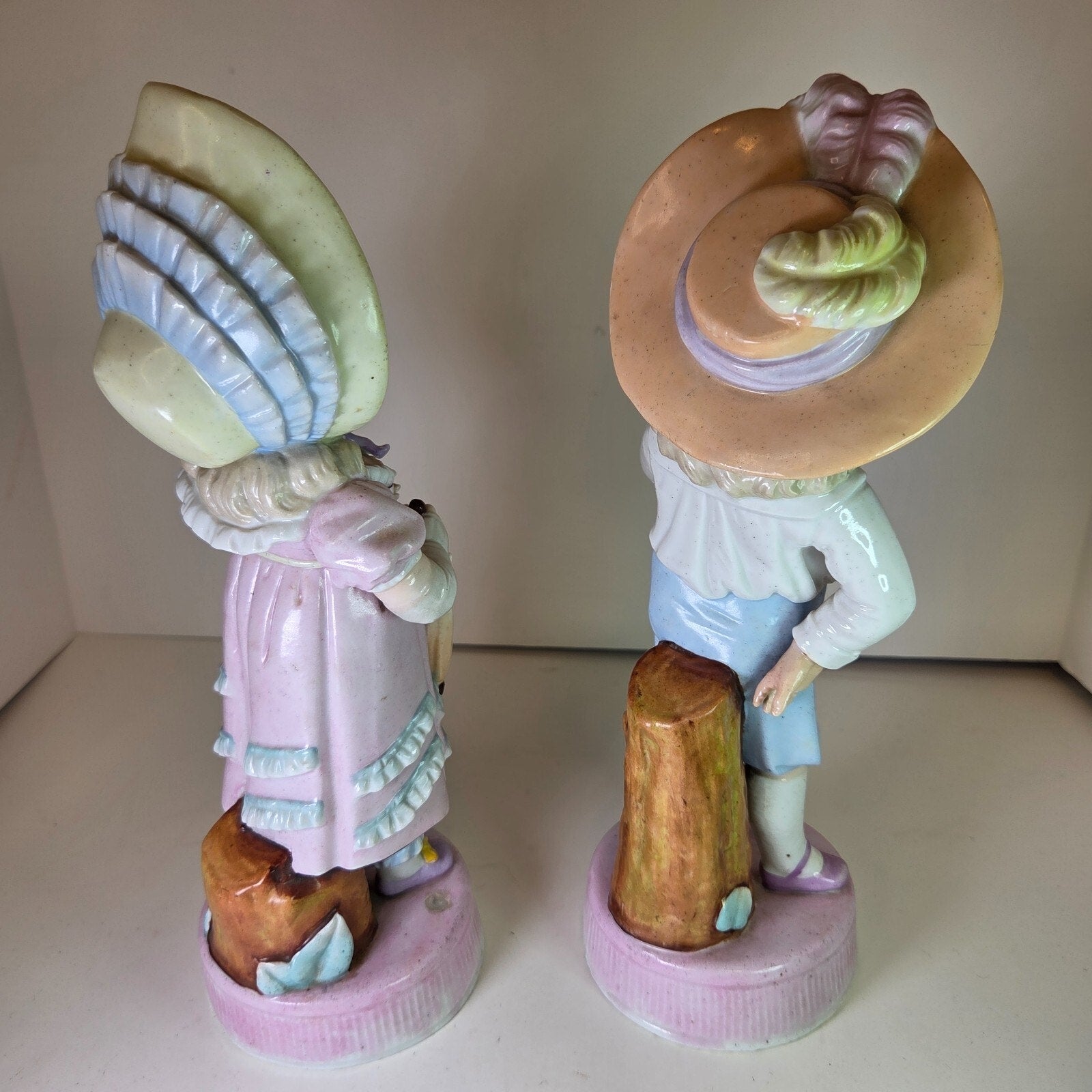 Vintage Bisque Boy & Girl Umbrella Figurines Porcelain 10-11" Pair Collectible