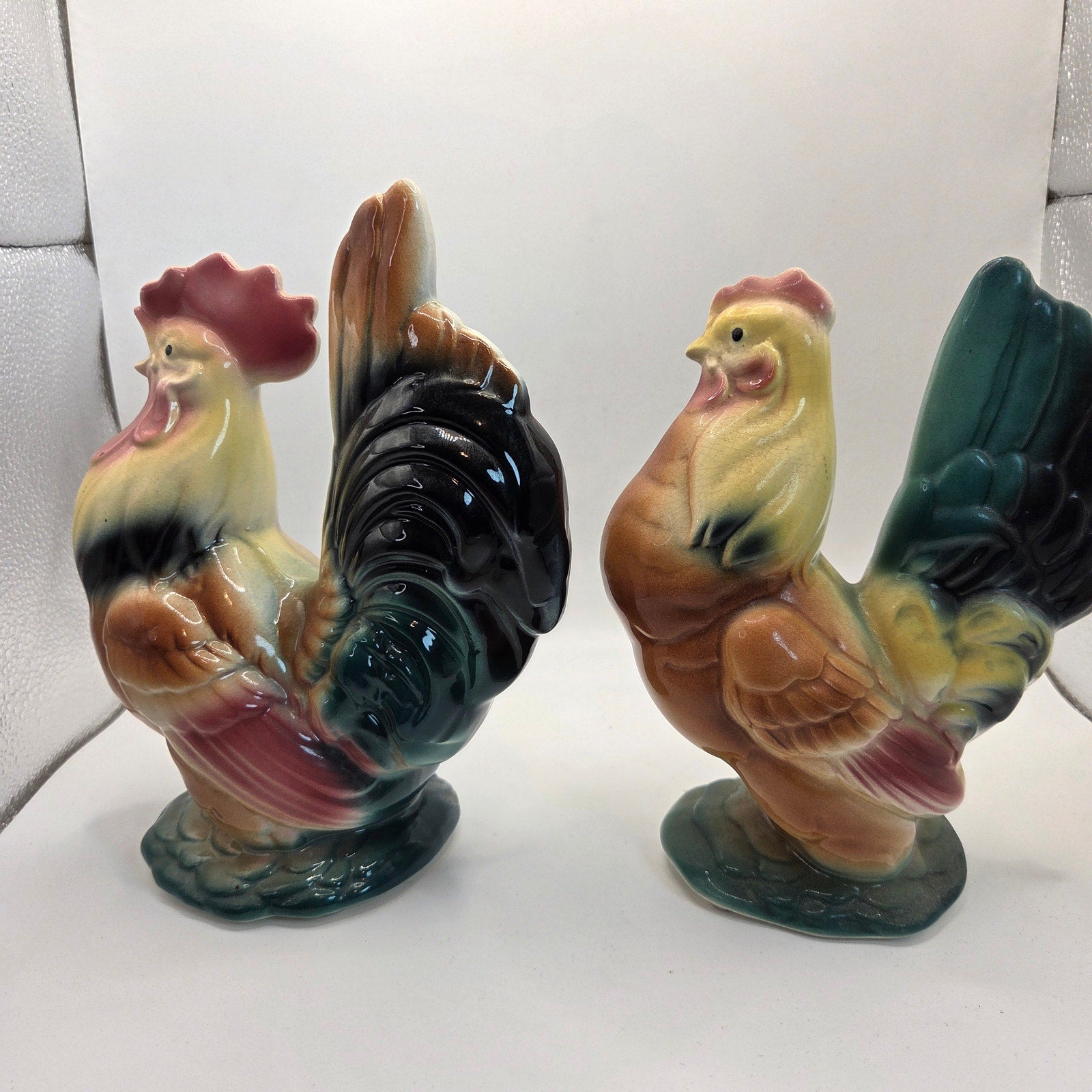 Vintage Royal Copley Rooster & Hen Figurine Pair 1950s Ceramic Statues