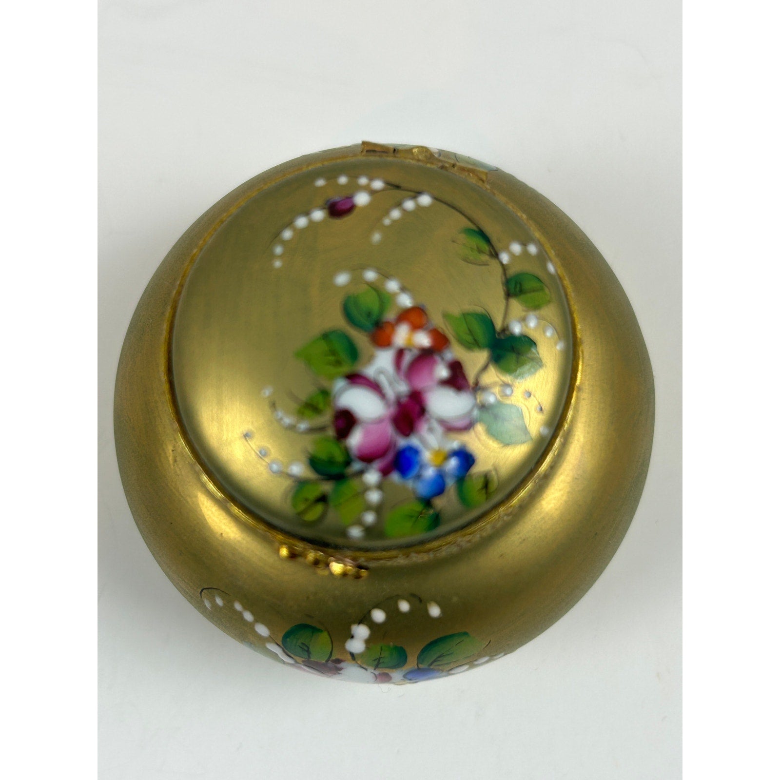 Limoges France Hand Painted Trinket Box Matte Gold Floral Round