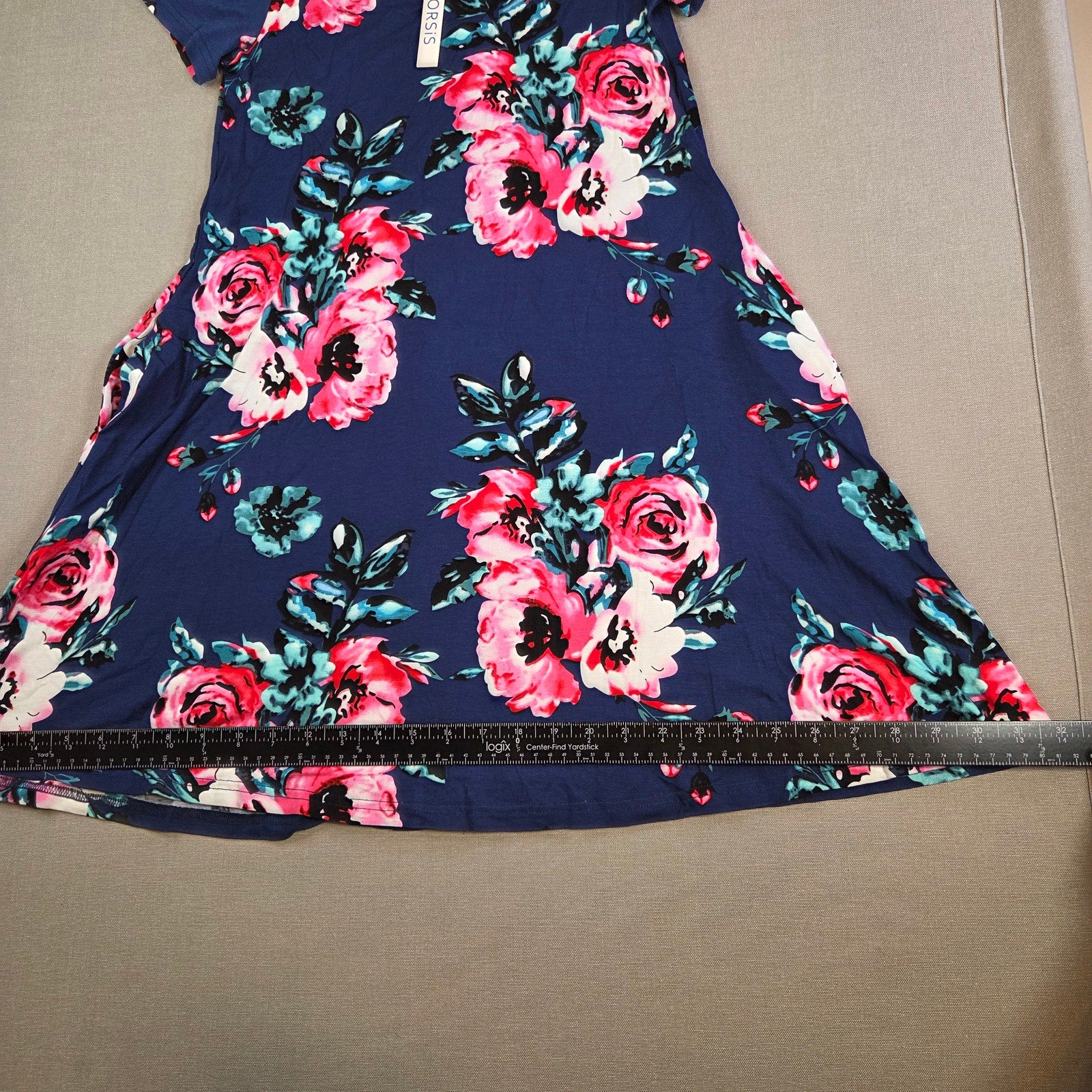 Korsis Blue Floral Dress Pink Rose Print Pockets Women’s Size S