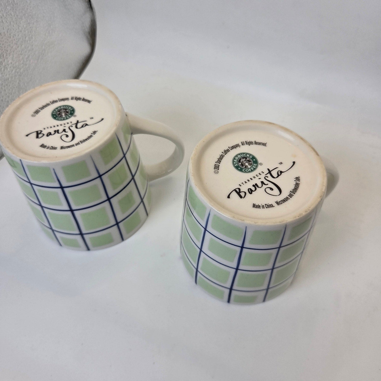 Starbucks Barista 2003 Green Blue Plaid Check Coffee Mugs Set Of 2 Cups