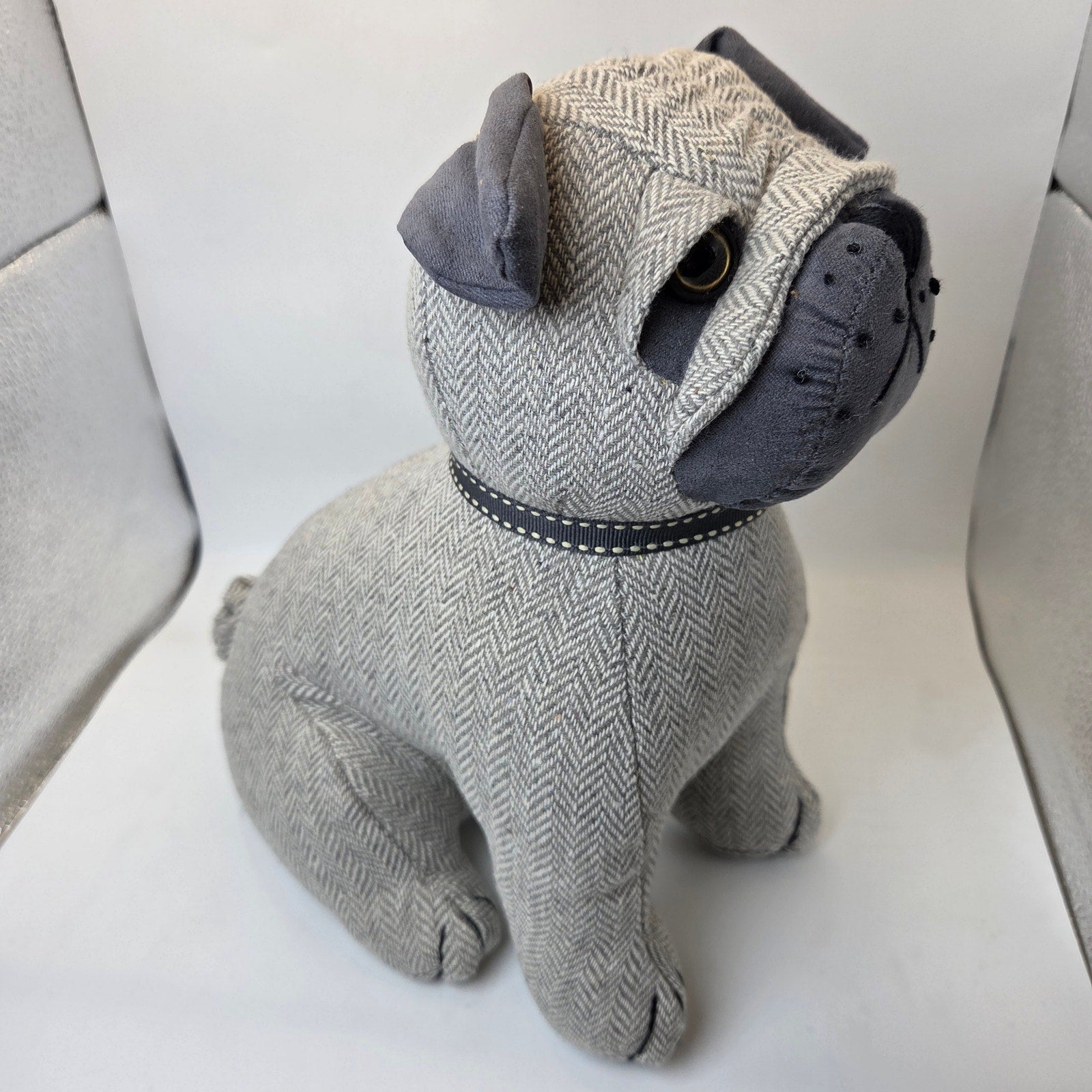 Dora Designs Pug Dog Doorstop Weighted Fabric Herringbone Home Decor 11in