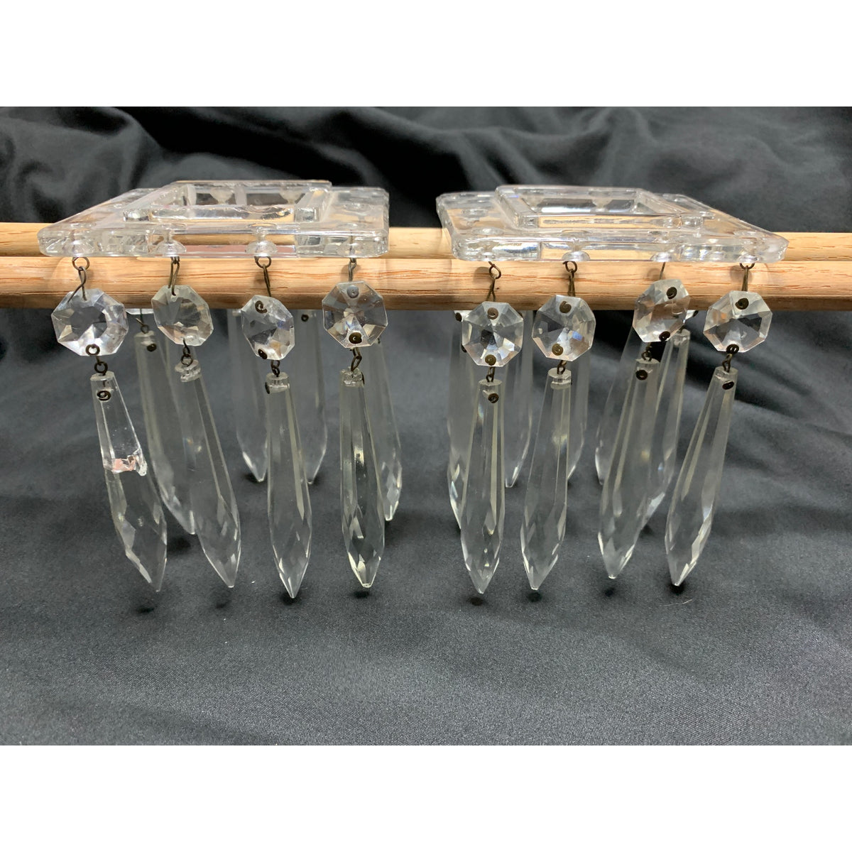 Vintage Lead Crystal Square Bobeches 16 Hanging Prisms Chandelier Pair