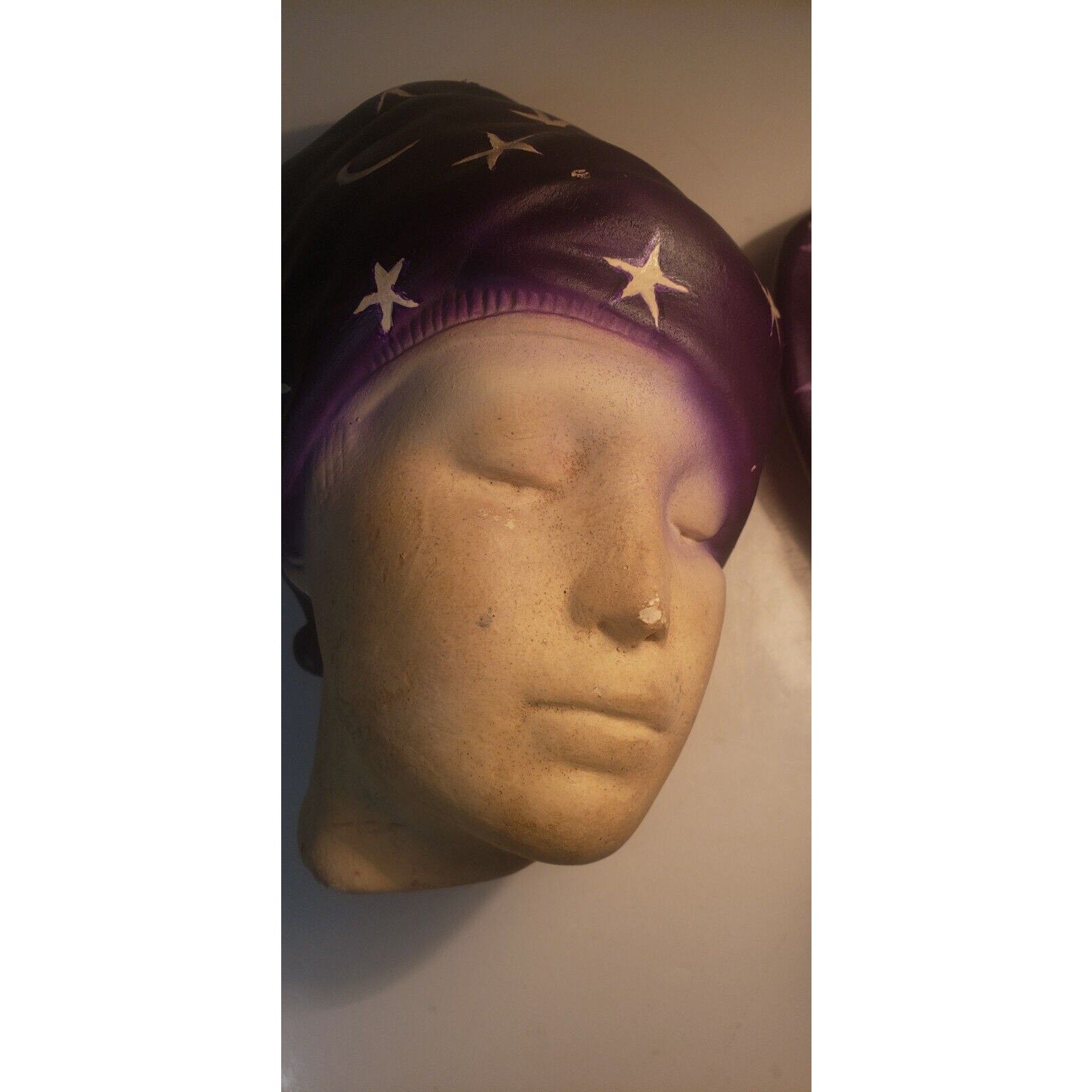 Pair Vintage Chalkware Wall Busts – Women w/ Purple Star Headwraps