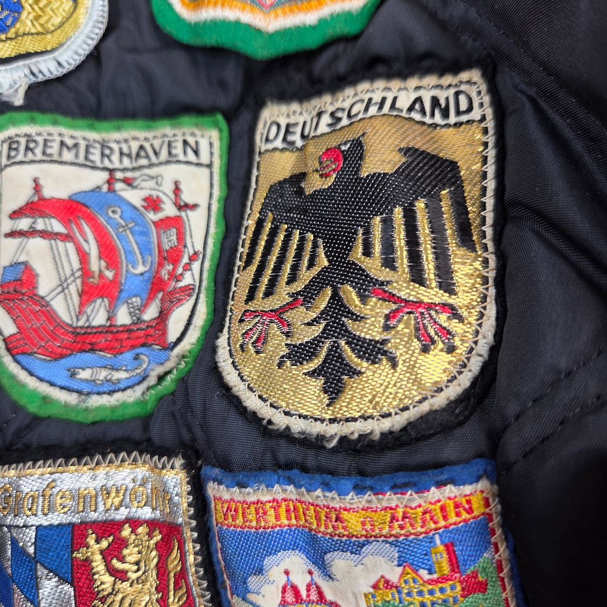 Vintage 60s Brent Montgomery Ward Quilted Jacket European Travel Patches Talon