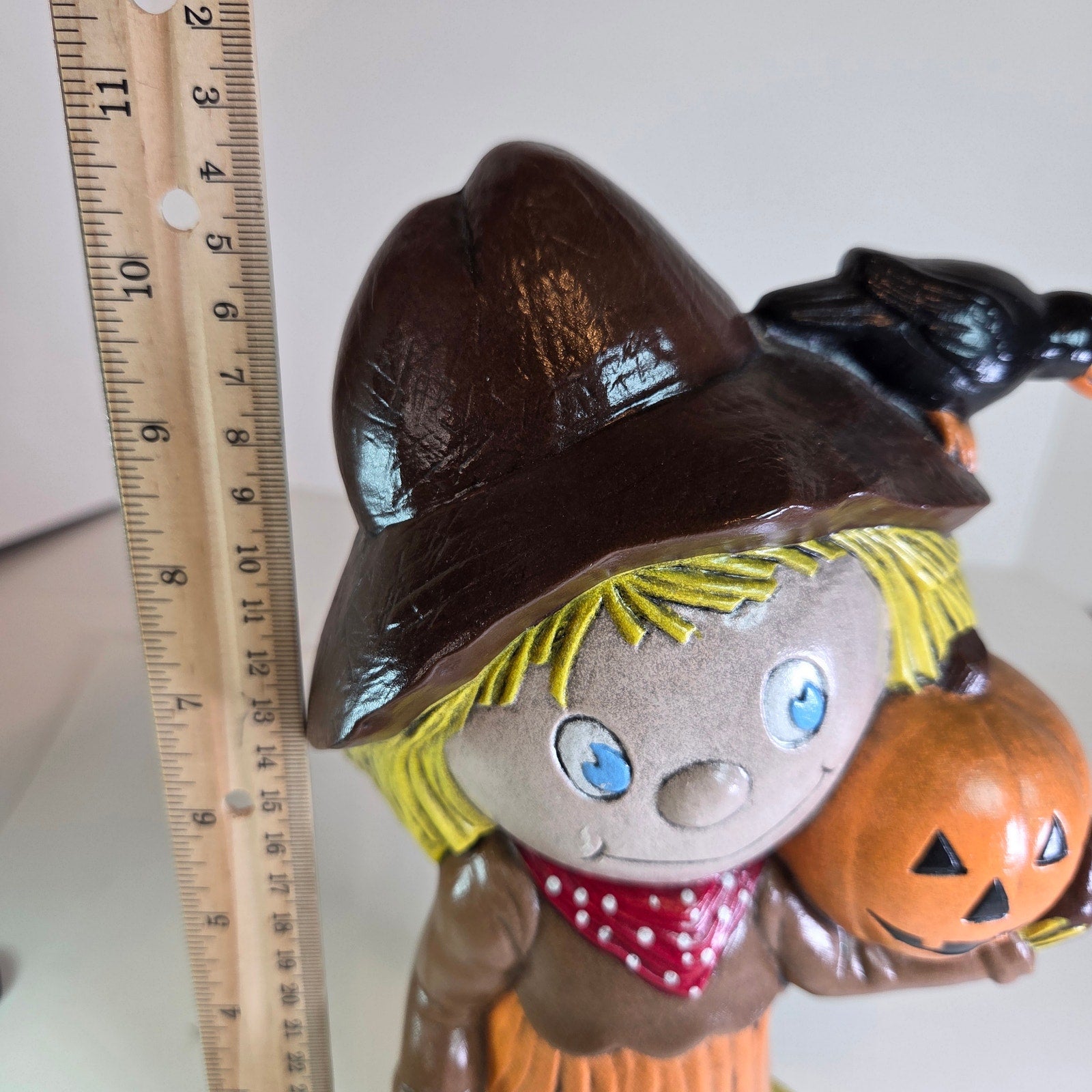 Vintage 1977 Macky Halloween Scarecrow Figurine Pumpkin Crow 10.25" Hand Painted