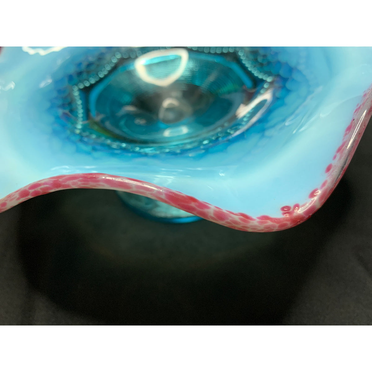 Antique Jefferson Glass Pearls & Scales Blue Opalescent Compote Cranberry Frit