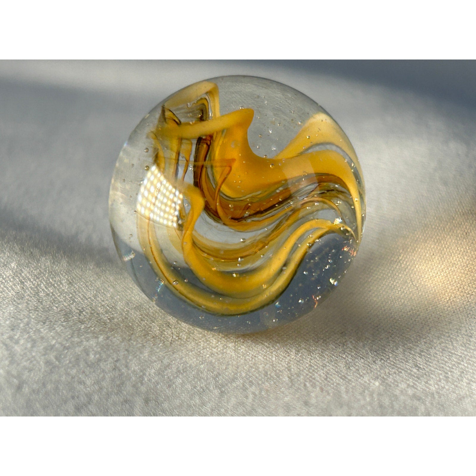 Handmade Art Glass Marble Yellow Ribbon Swirl Clear Base 0.95 Inch