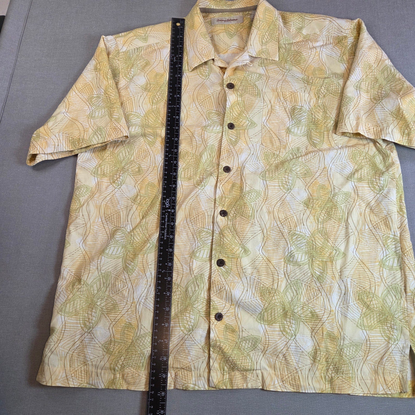 Tommy Bahama Silk Blend Camp Shirt Men’s L Yellow Abstract Palm Button Up