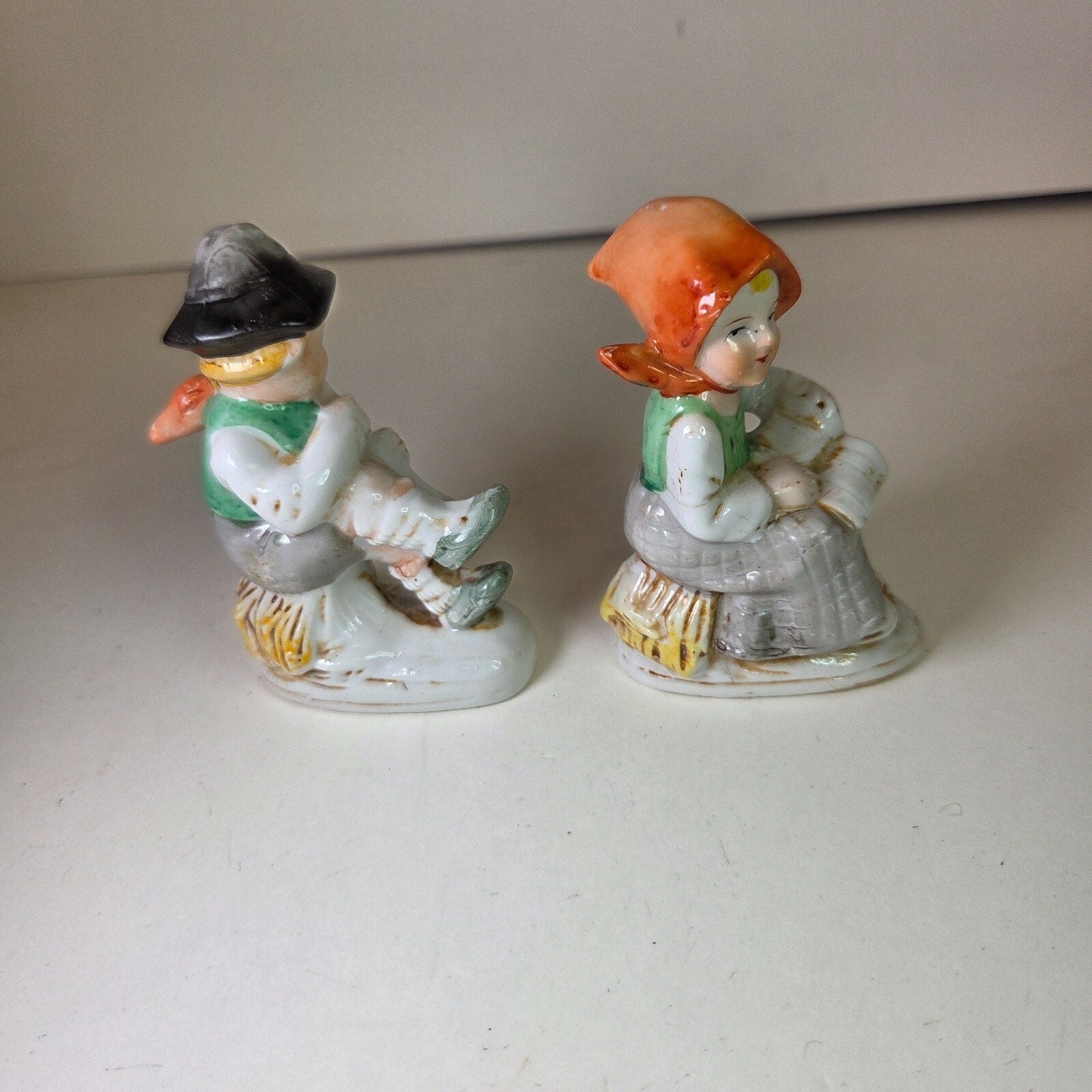 Vintage Japan Boy Playing Flute & Girl Sitting Ceramic Figurines 3.5in Pair