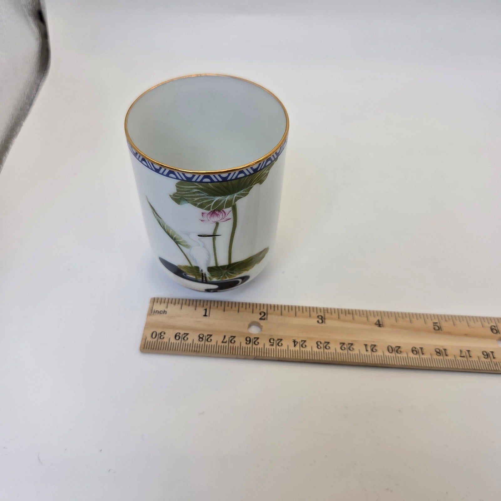 Franklin Mint 1985 Porcelain Tea Cup Egret Lotus Blue Gold Trim Japan