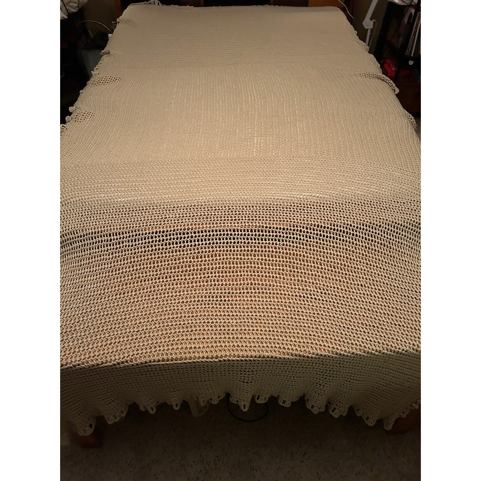 Vintage Hand Crocheted Blanket 60x70 Cream Cotton Throw Fringe