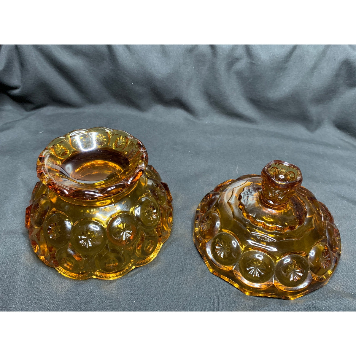 Vintage L.E. Smith Moon & Stars Amber Glass Covered Candy Dish Compote