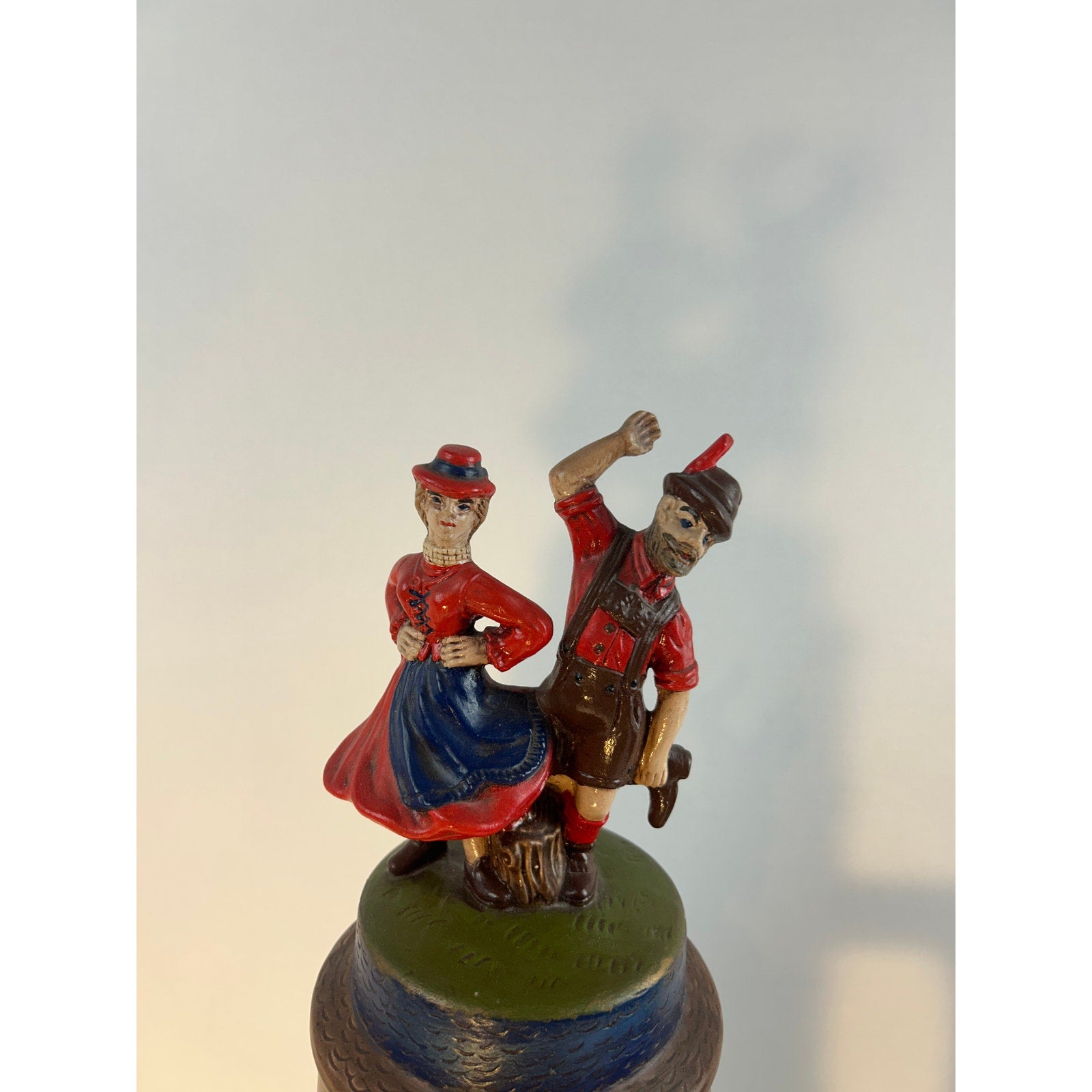 German Beer Stein Dancing Couple Relief Lidded Ceramic Tall Collectible