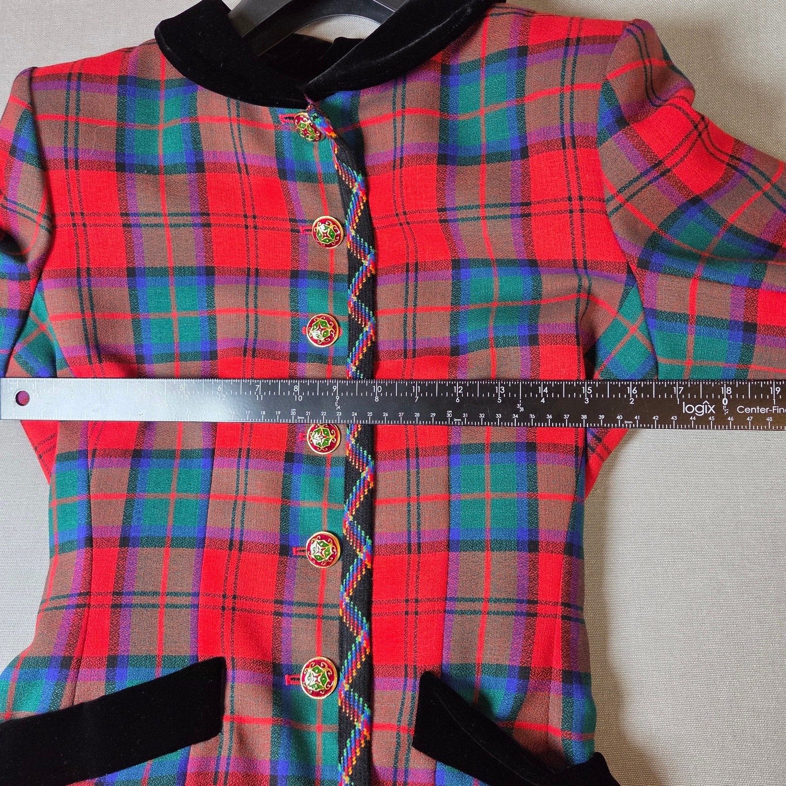 Vintage Yves Saint Laurent Rive Gauche 1994 Tartan Wool Jacket Velvet Trim FR38